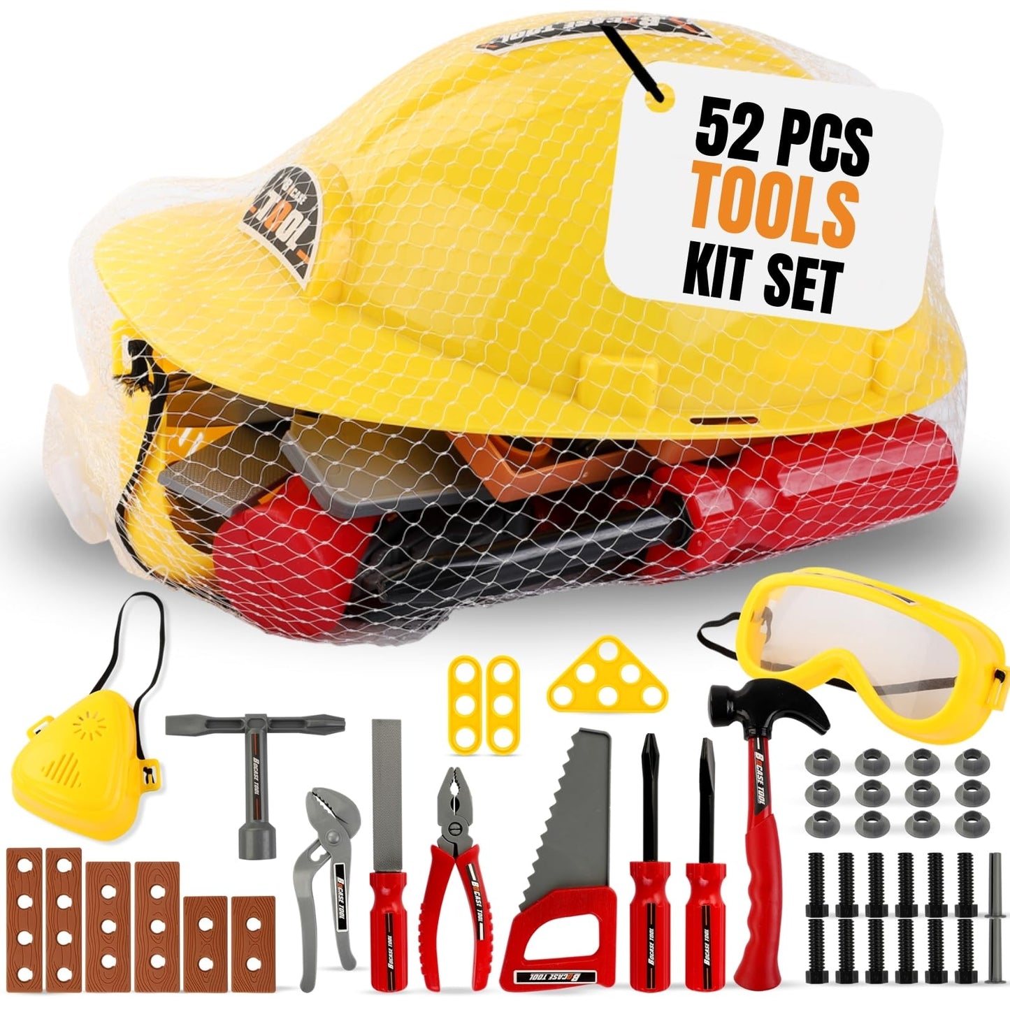 Kids Handyman Tools Toy Set, 52 PCS Mechanic Pretend Play Construction Playset with Hard Hat, Nuts, Bolts - Realistic Plastic Toddler Children Accessories for Workbench