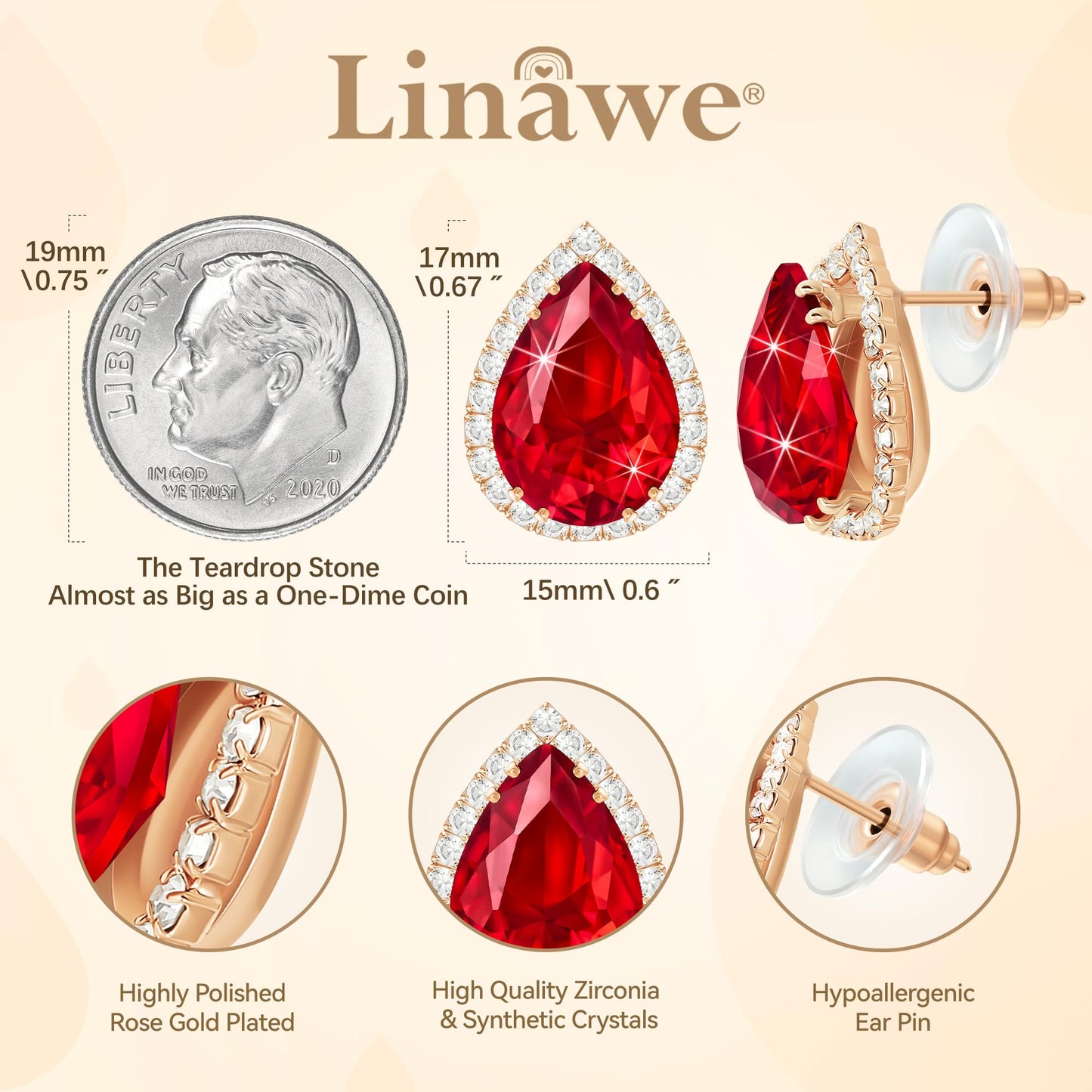 Linawe Ruby Red Imitation Diamond Stud Earrings for Women, Cubic Zirconia Teardrop Rhinestone Crystal Earrings Studs, Rose Gold Wedding Earrings Bridal Bridesmaid Ear Piercing Jewelry