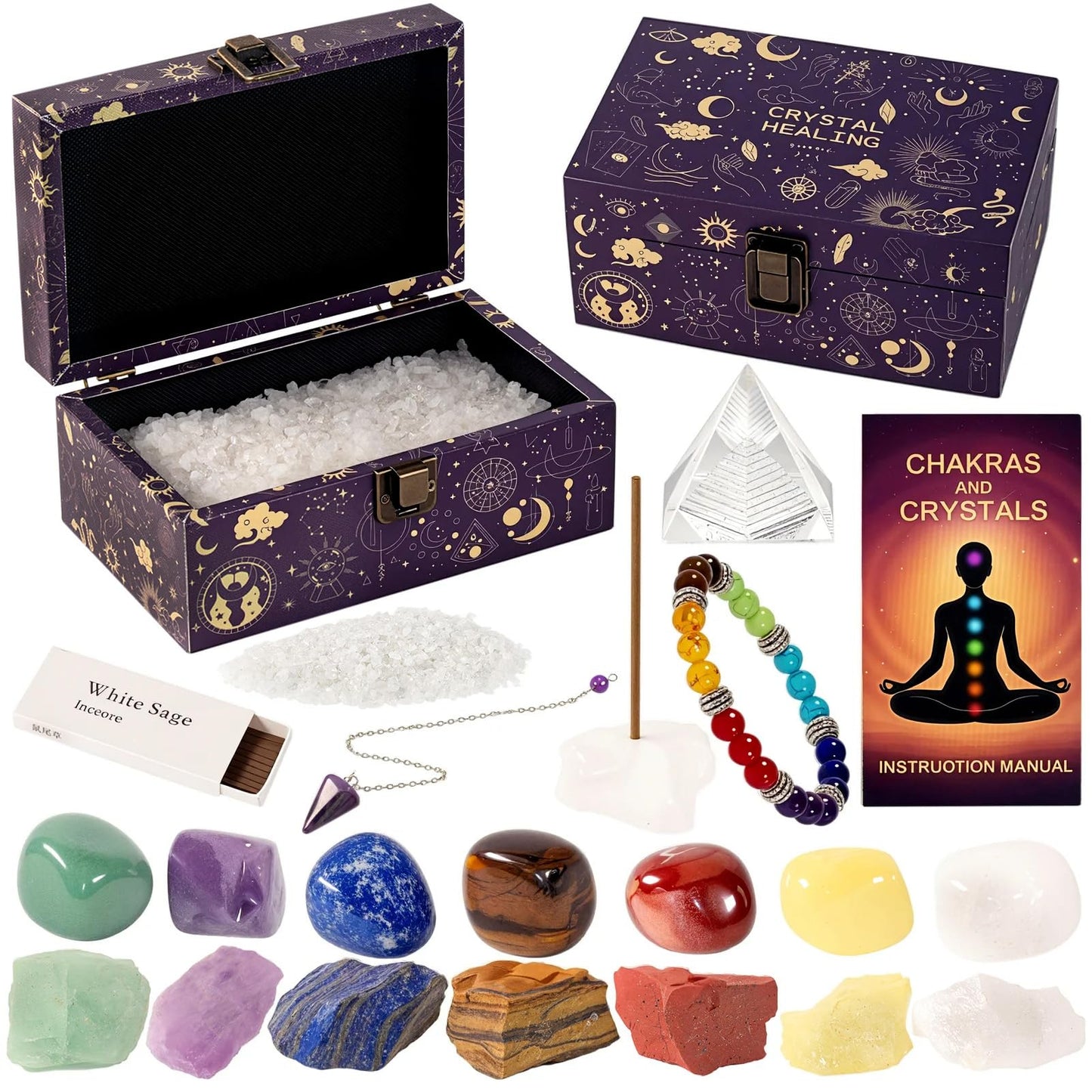20Pcs Crystals and Healing Stones Set - 14Pcs Chakra Stones,Spirit Pendulum,Crystal Pyramid,300gCrystal Chips,Hand Bell,Gift Box,Instruction Guide - Gifts for Women (22 pcs)