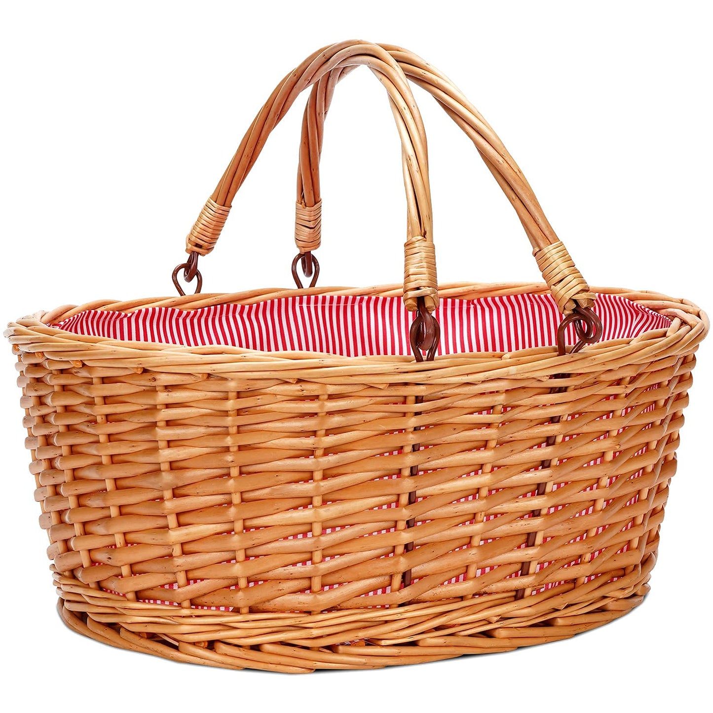 TwentyNext Wicker Picnic Basket with Double Folding Handles, Natural Large Willow Hamper Empty Basket Cheap Easter Eggs Candy Storage Wine Basket for Toy, Flower, Wedding（Red 16inch）