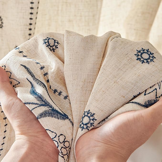 jinchan Winslow Lined Linen Curtains for Bedroom 63 Inches Linen Blended Embroidered Bordered Floral Curtains for Living Room Farmhouse Decor Window Treatments Blue on Beige Drapes 2 Panels