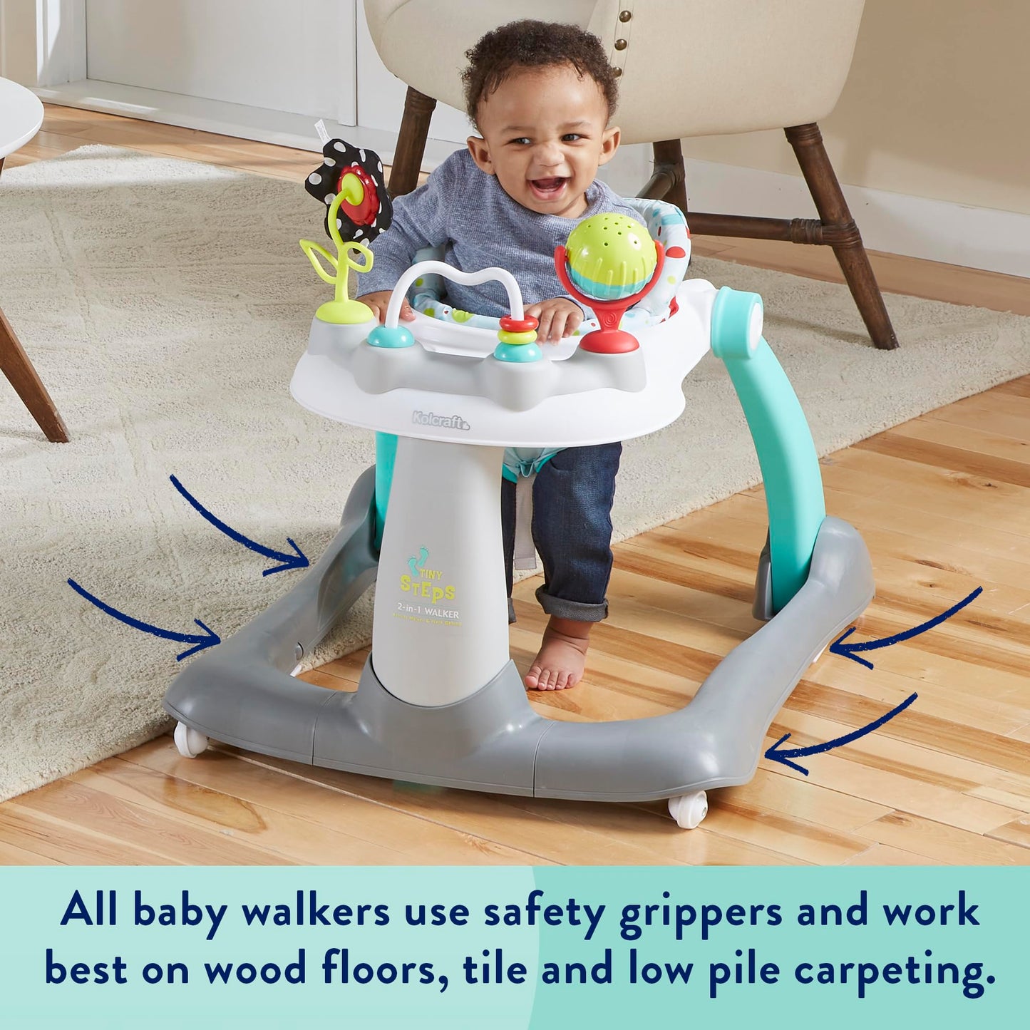 Kolcraft Tiny Steps 2 in 1 Foldable Infant and Baby Walker with Wheels, Seated or Walk Behind Activity Center, Entertaining Developmental Activities for Boys and Girls, Wide Base Sturdy Frame, Bubbles