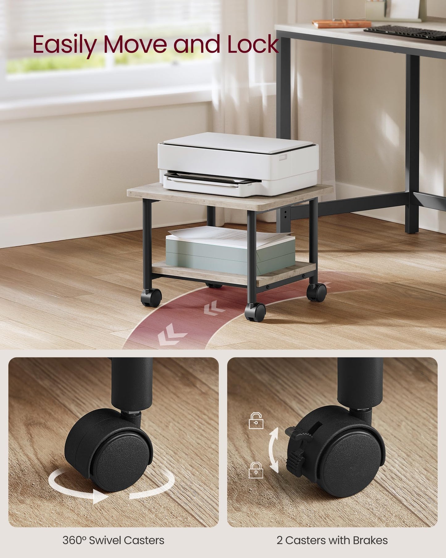 VASAGLE Heavy-Duty Printer Stand with Locking Wheels, 2-Tier Industrial Mobile Cart with Storage Shelf, Under Desk Printer Table for Home, Office, 13.4" Height, Heather Greige and Black UOPS002B02