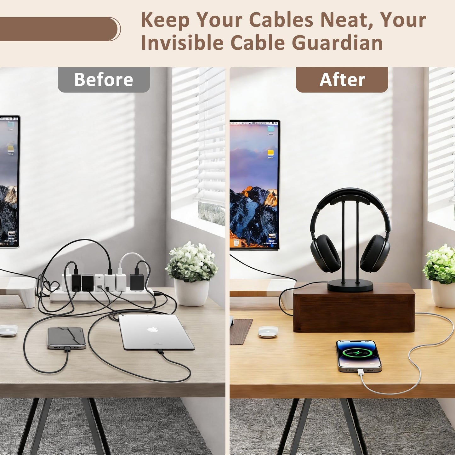 Large Acacia Wood Cable Management Box - Cord Hider & Organizer for TV Wires, Power Strip, Electrical Hiding, Desk & Floor Cables - Solution Wire Storage Solution for Office, Living Room, Bedroom