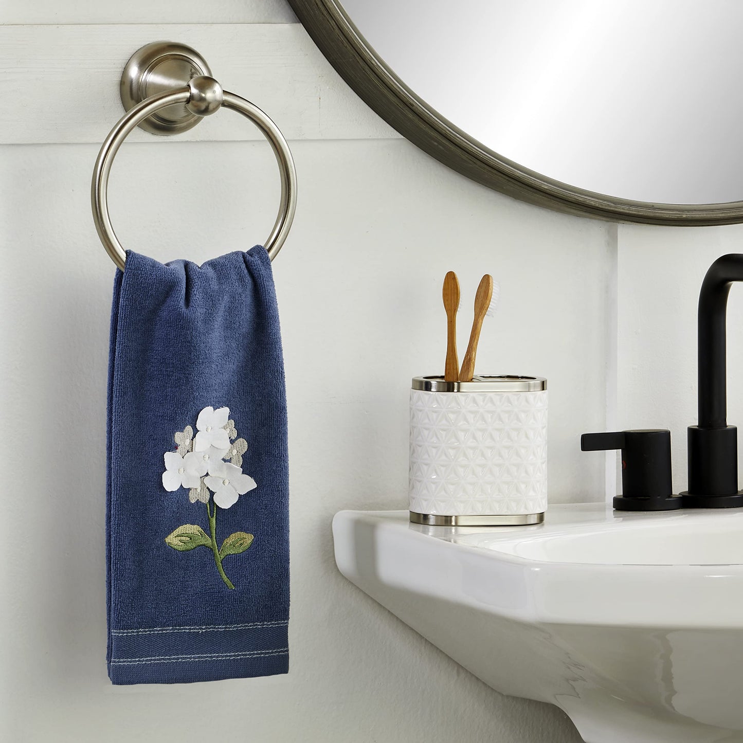 SKL Home Farm Hydrangea 100% Cotton 3D Embroidered 2pc Hand Towel Set, Decorative for Bath/Kitchen/Bar & Gift, Blue