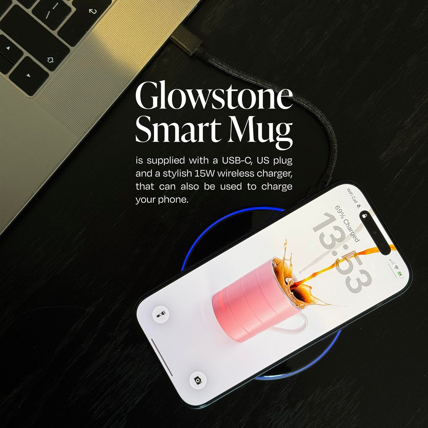 Glowstone Smart Heated Coffee Mug with Wireless Charging Base Self-Heating Made from Fine Bone China Electric Coffee Mug and Self Heating Mug Keeps Drinks Hot Stay Hot Electric Coffee Mug (Stone)