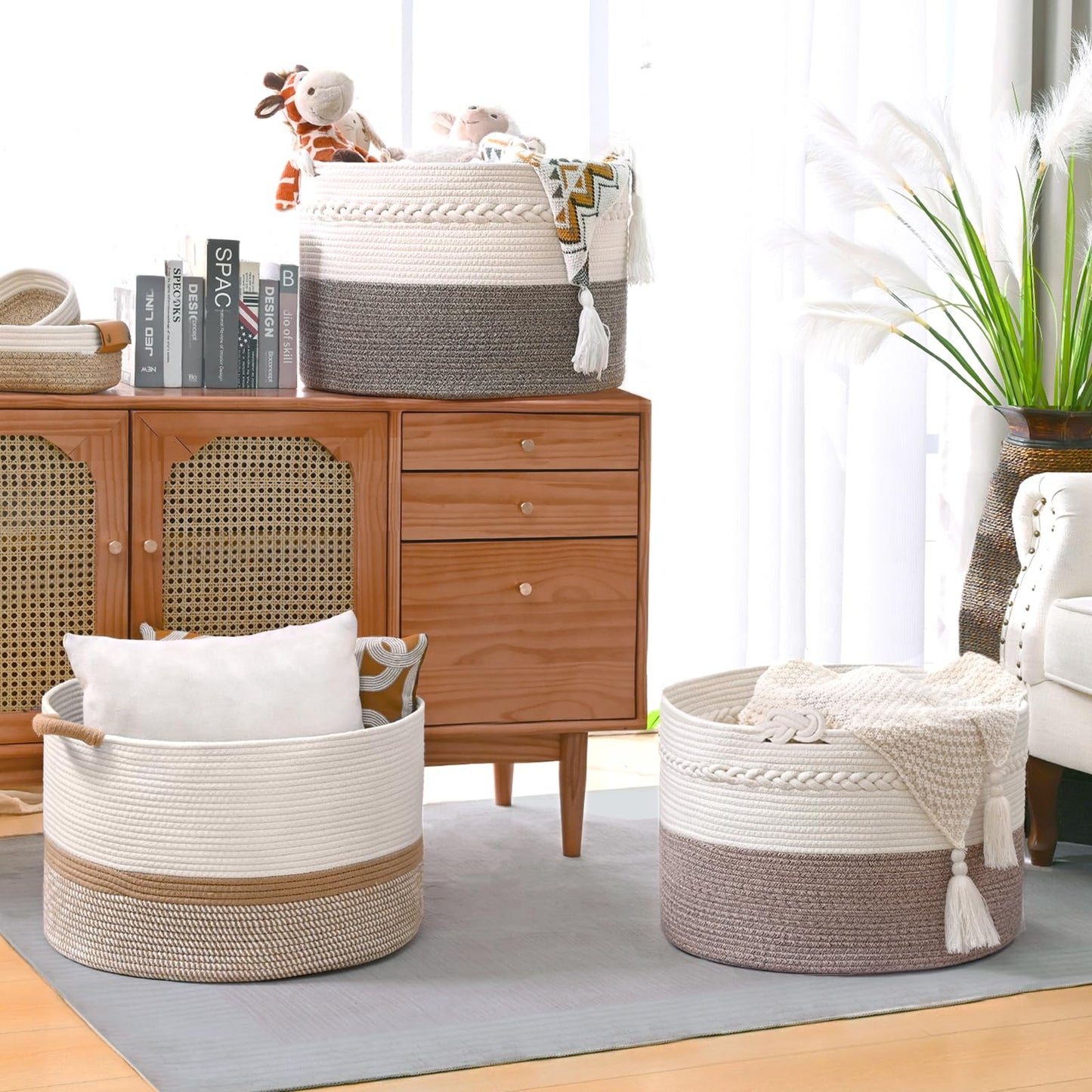 Degeyoyo 67L Large Blanket Basket, 20"x13" Woven Storage Baskets With Handle, Cotton Rope Blanket Basket Living Room, Baby Laundry hamper for Blanket, Nursery, Toy, Pillow (White & Brown)