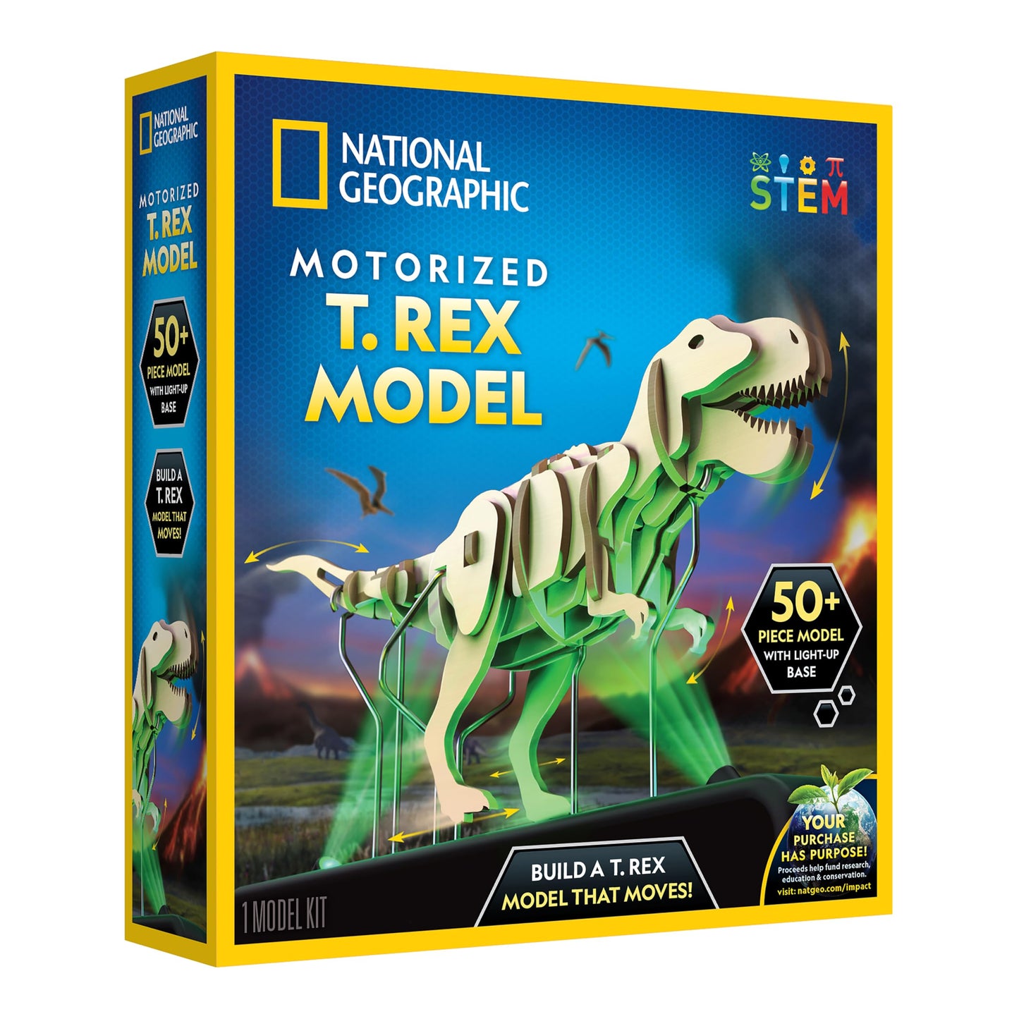 National Geographic Motorized Dinosaur 3D Puzzle - 50-Piece 3D T. Rex Wood Model Kit with Light-Up Motorized Display Base and 8 Light Settings, 3D Puzzles for Kids, Buildable Dinosaur Model