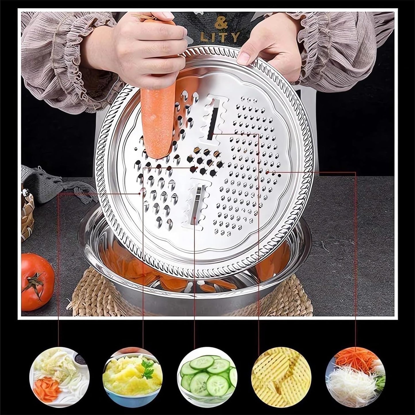 Germany Multifunctional Stainless Steel Basin,Multifunction Stainless Steel Basin with Grater 3 in 1 Vegetable Cutter for Kitchen, Vegetable Slicer Grater Strainer and Drain Basket(10.2)