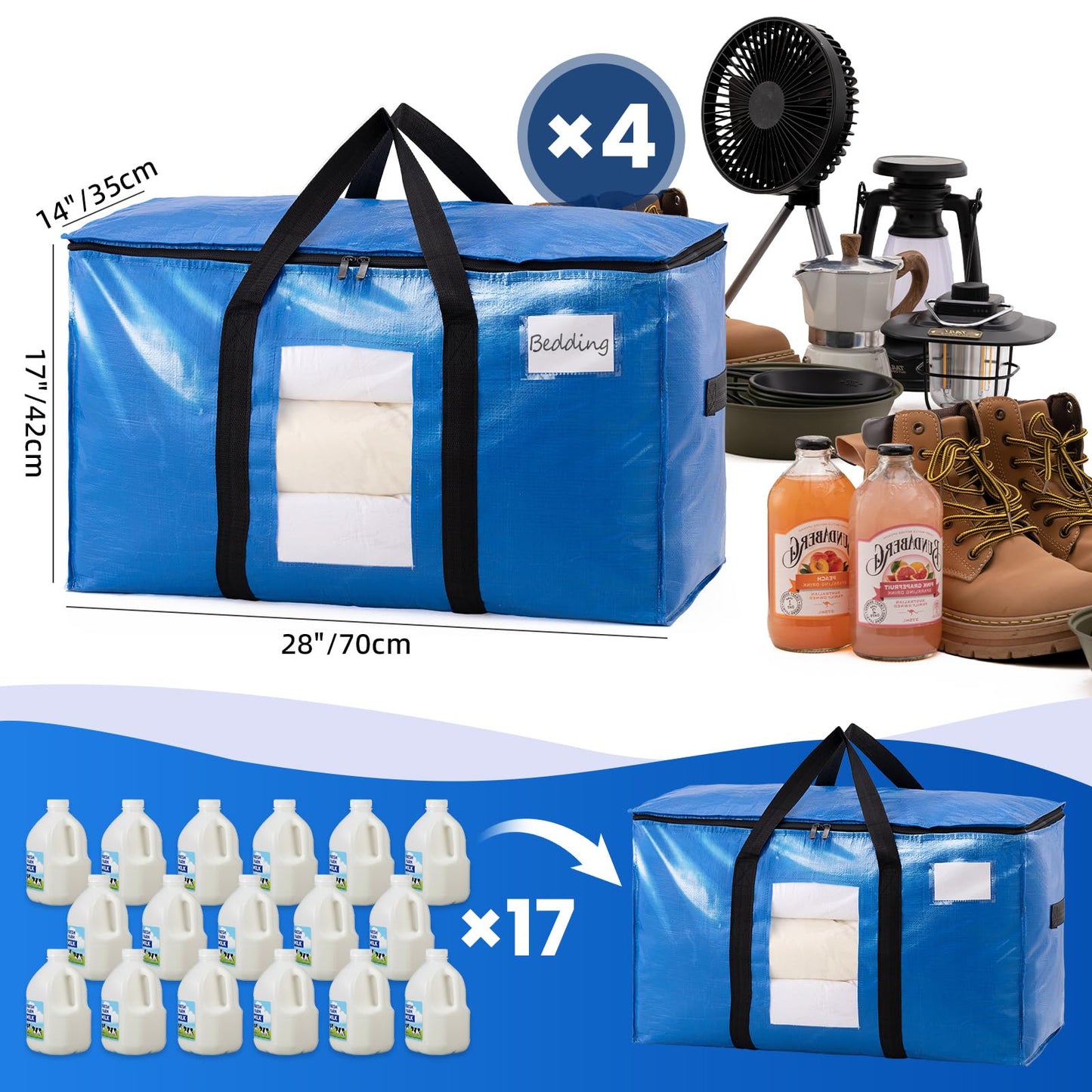 TAILI Extra Large Moving Bags, 4 Pack Blue Heavy Duty Totes For Storage with Visible Window, Wrap Around Handles, Storage Bags for Space Saving, Alternative to Moving Boxes