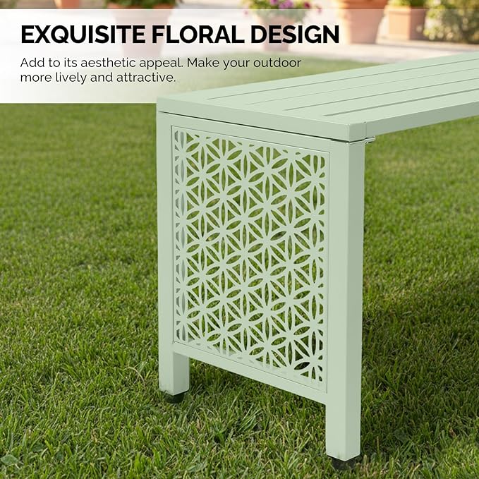 VINGLI 40in Outdoor Metal Bench, All-Weathe Backless Patio Bench with Slatted Seat＆Floral Side Panels, Rust-Resistant Garden Bench, Weatherproof Outdoor Seating for Porch Entryway Backyard (Green)