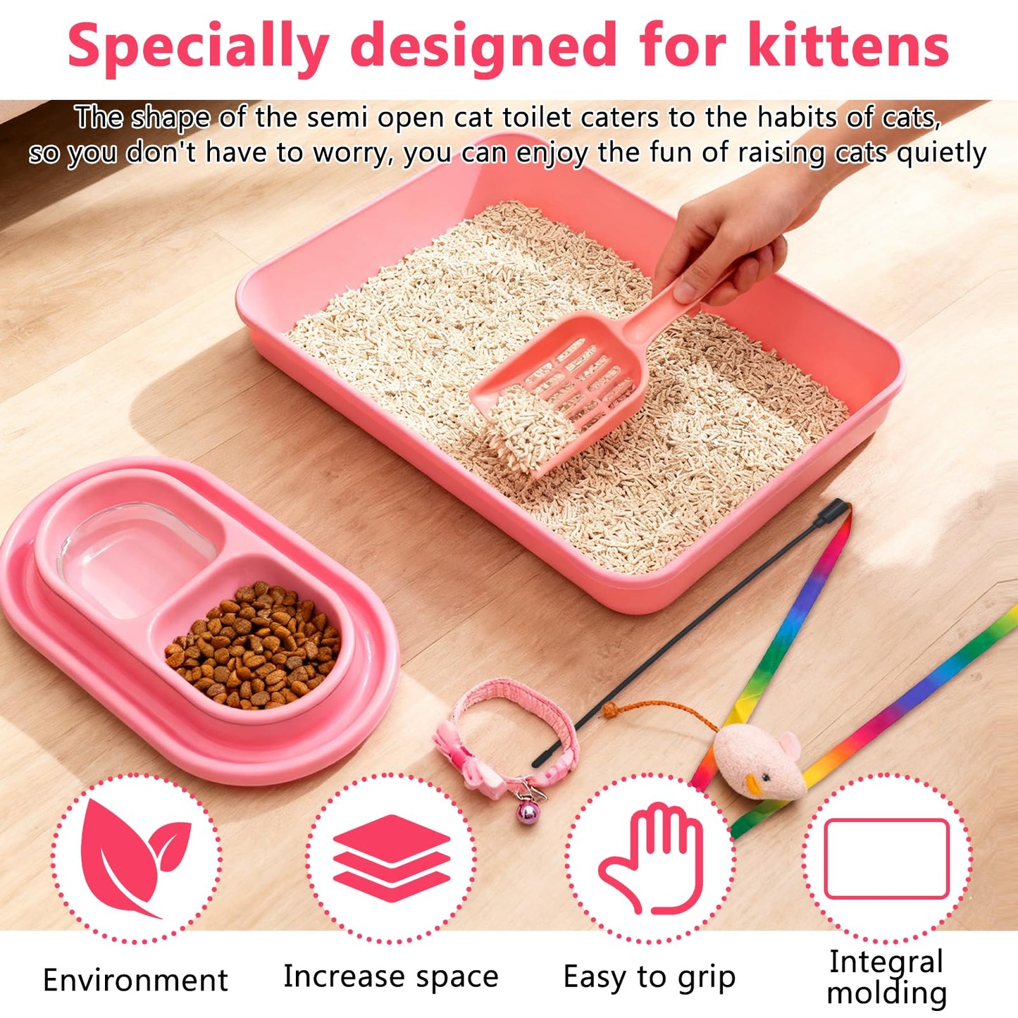 Kitten Starter Kit for Indoor Kittens, Pink Litter Box Access & Scoop, Dish Feeding Bowl, Adjustable Bell Collar, Mouse Toy - Low Entry Baby Cats Training Kits, New Kitten Essentials