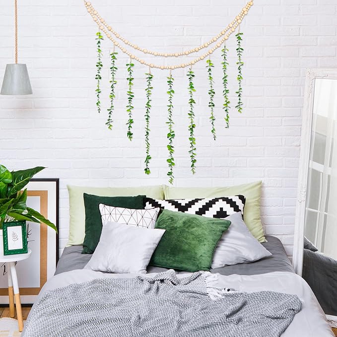 TXIN Hanging Photo Display Holder Wall Decor with Wooden Cards Clips, Boho Style Picture Frame Wood Beads Garland Artificial Eucalyptus Plant Home Decoration for Farmhouse Greenery Cubicle Bedroom