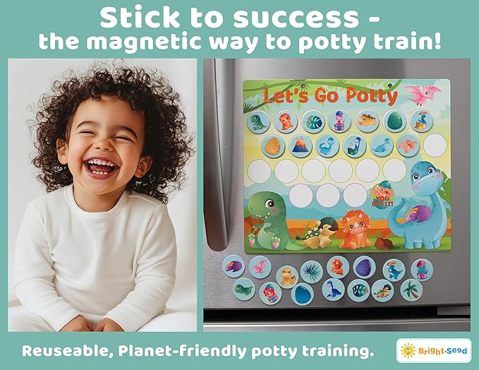 Bright Seed Reusable Magnetic Dinosaurs Potty Training Chart, Potty Training for Boys, Potty Training Sticker Chart, Potty Training Rewards for Boys, 12x10 Inches Magnetic Chart with 28 Chips