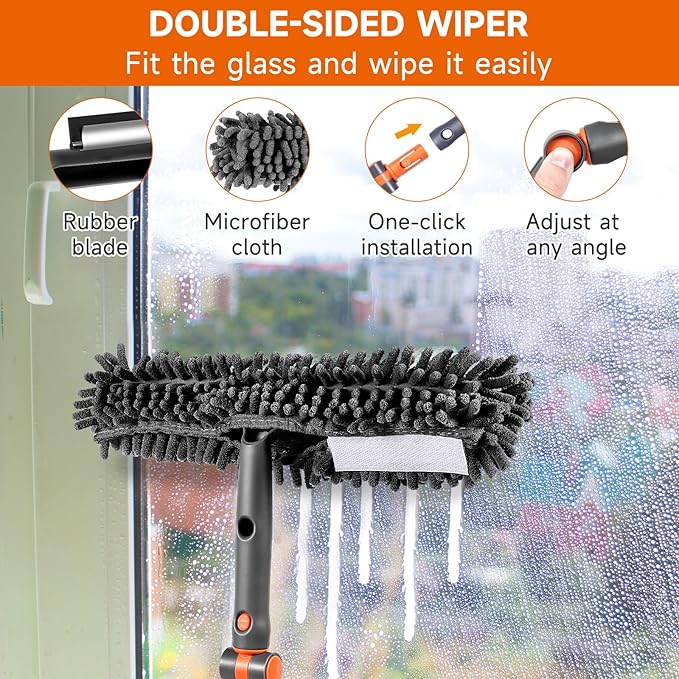 Chabatree Window Squeegee Cleaner Set 2-in-1 Window Cleaning Tool with Extendable Pole, Window Cleaning kit with Bendable Head for Indoor & Outdoor Glass for Car Indoor Outdoor High Windows（Kit1.0）