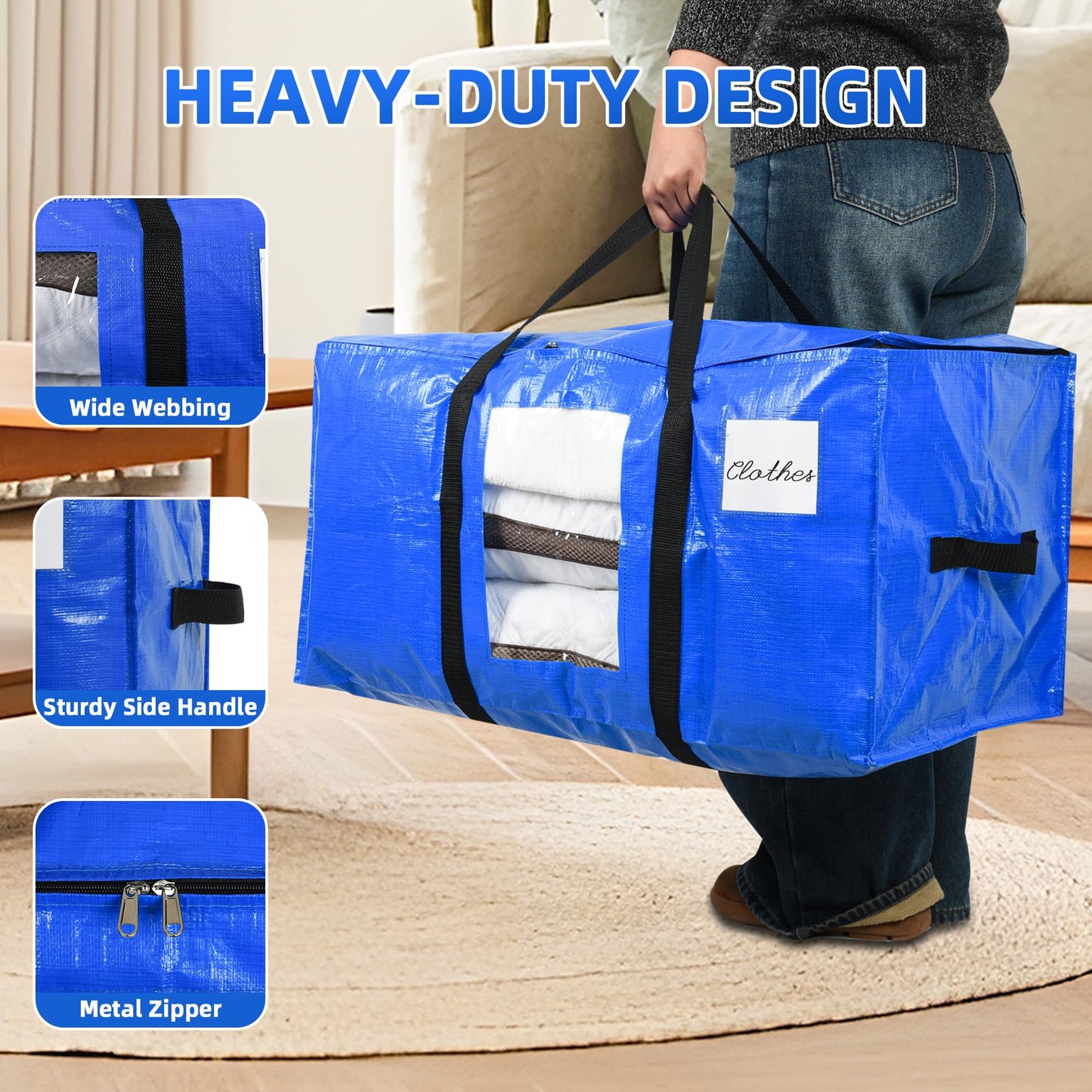 Uprimeasy Large Moving Bags, 4 Pack Heavy Duty Storage Bags with Wrap Handles & Zippers, Space Saving Storage Totes with Clear Window & Tag Pocket, Alternative to Moving Boxes (Blue)