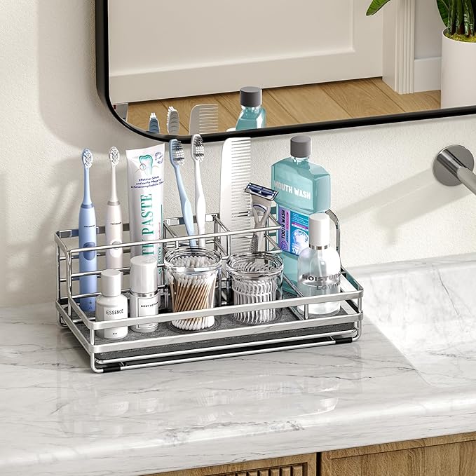 HapiRm Toothbrush Holders for Bathroom - 5 Partitions Bathroom Counter Organizer with Instant Drying Stone, Stainless Steel Countertop Storage Electric Toothbrush Toothpaste Holder - Silver