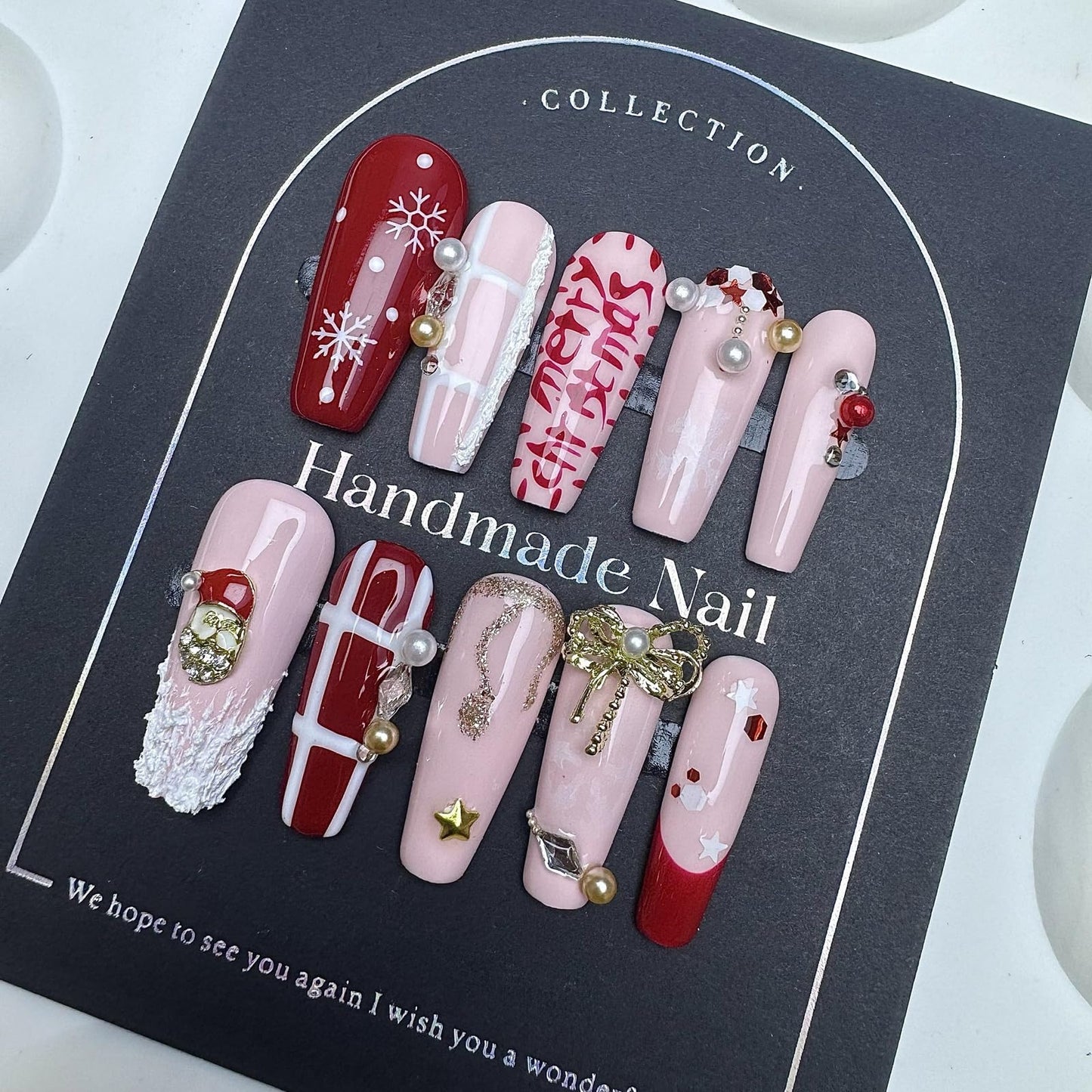 10Pcs Handmade Christmas Press on Nails Long French Tip Fake Nails with 3D Bow Pearl Design Thick Acrylic and Muti-Layer Gel False Nails Coffin Nails Press ons Christmas Glue on Nail for Women (S)