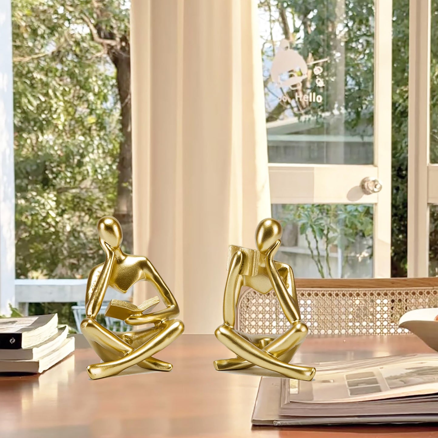 Prettidecor Thinker Statue Set of 2, Abstract Art Reading Sculpture Figurine, Modern Aesthetic Home Decoration for Living Room Bedroom Office Shelves Coffee Table Desk Bookshelf Decor (Gold)