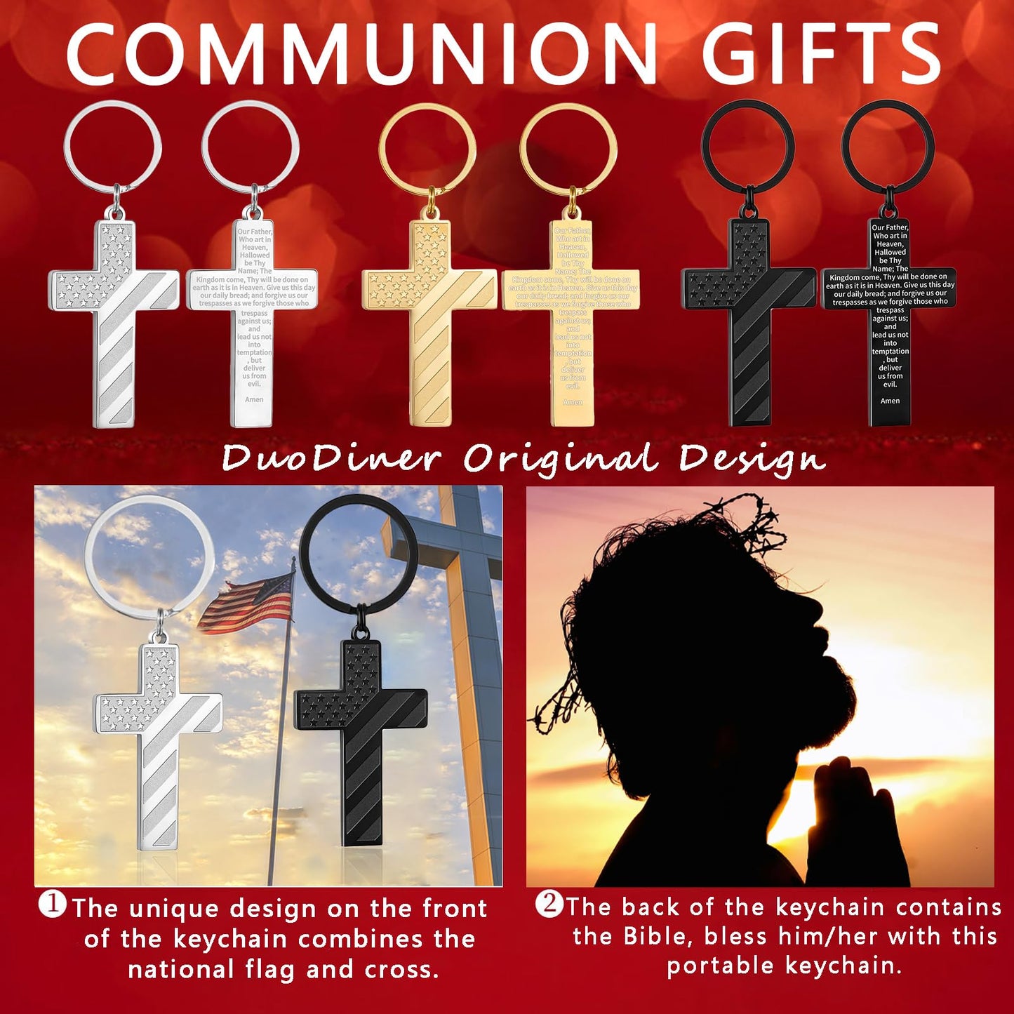 DuoDiner Easter Basket Stuffers-Cross Keychains First Communion Baptism Confirmation Religious Gifts for Men (Lord's Prayer, Black)