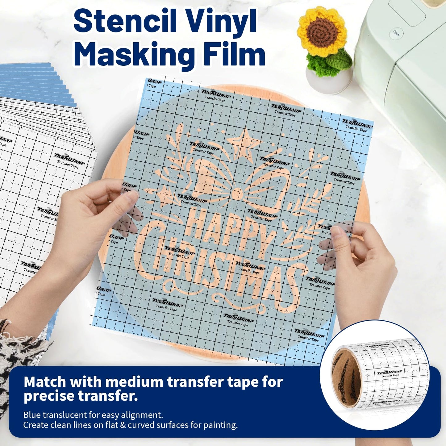 TECKWRAP Blue Stencil Vinyl Adhesive Masking Film with Anti-Bleed Technology & Black Grid Transfer Tape, 12”X12” 10 Sheets/Style, Permanent Adhesive Vinyl, DIY Decals, Signs, Windows, Stickers