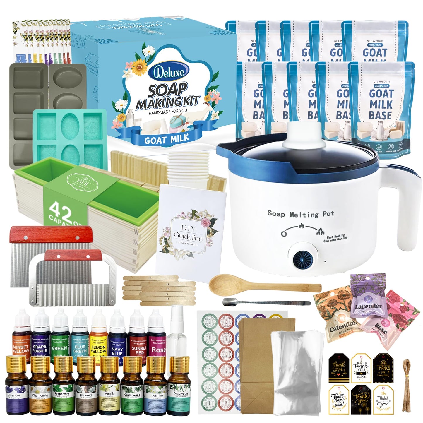 PIUH Deluxe Goat Milk Soap Making Kit for Adults, DIY Natural Soap Making Supplies Kit Included Soap Melting Pot, Goat Milk Soap Base, Dyes, Essential Oils and Supplies for Making Soaps Gift