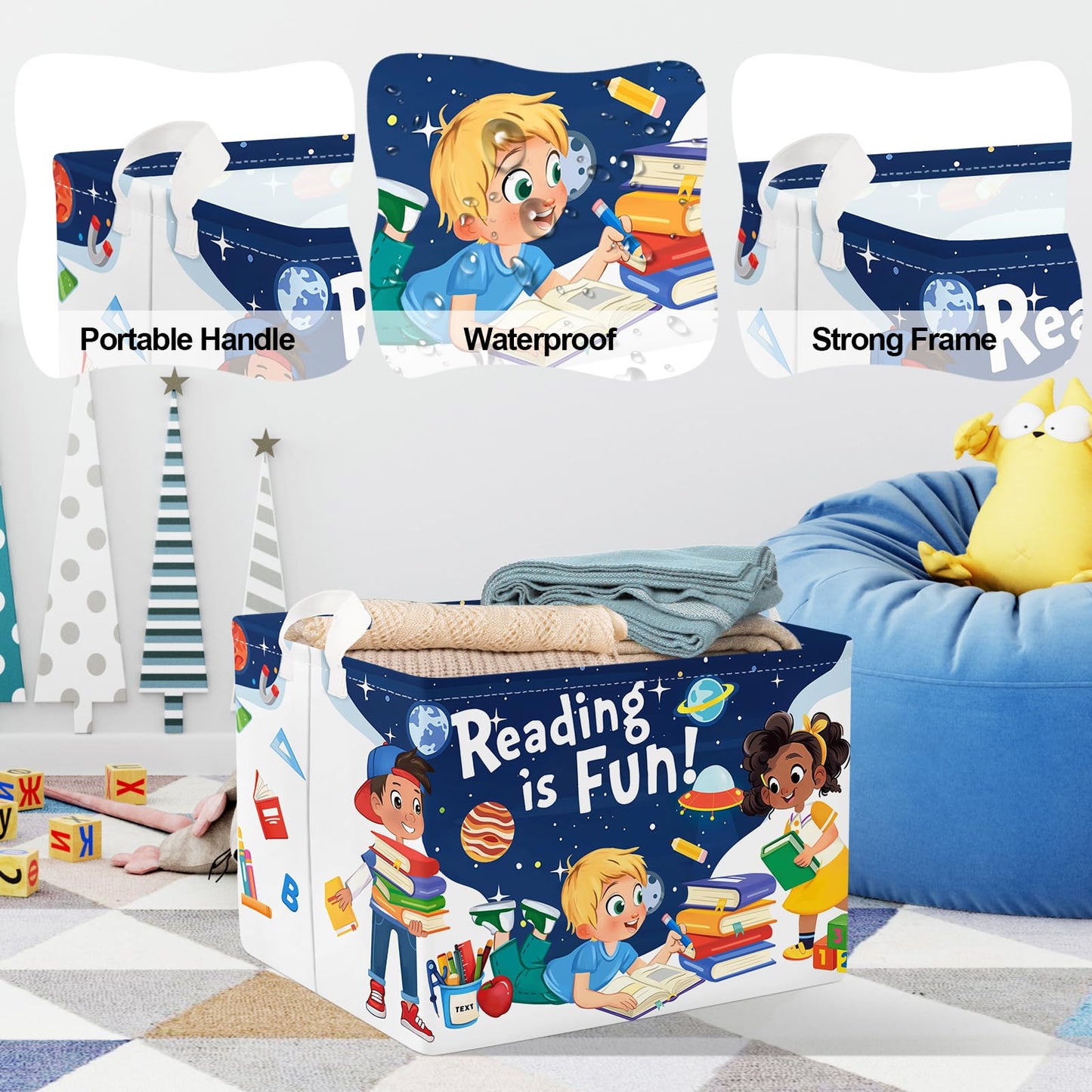 Clastyle Space Reading Fun Study Book Kid Storage Basket Baby Laundry Hamper Boy Gift Toy Box Collapsible Clothes Organizer Nursery Bin for Bedroom, Rocket, 40*30*30 cm