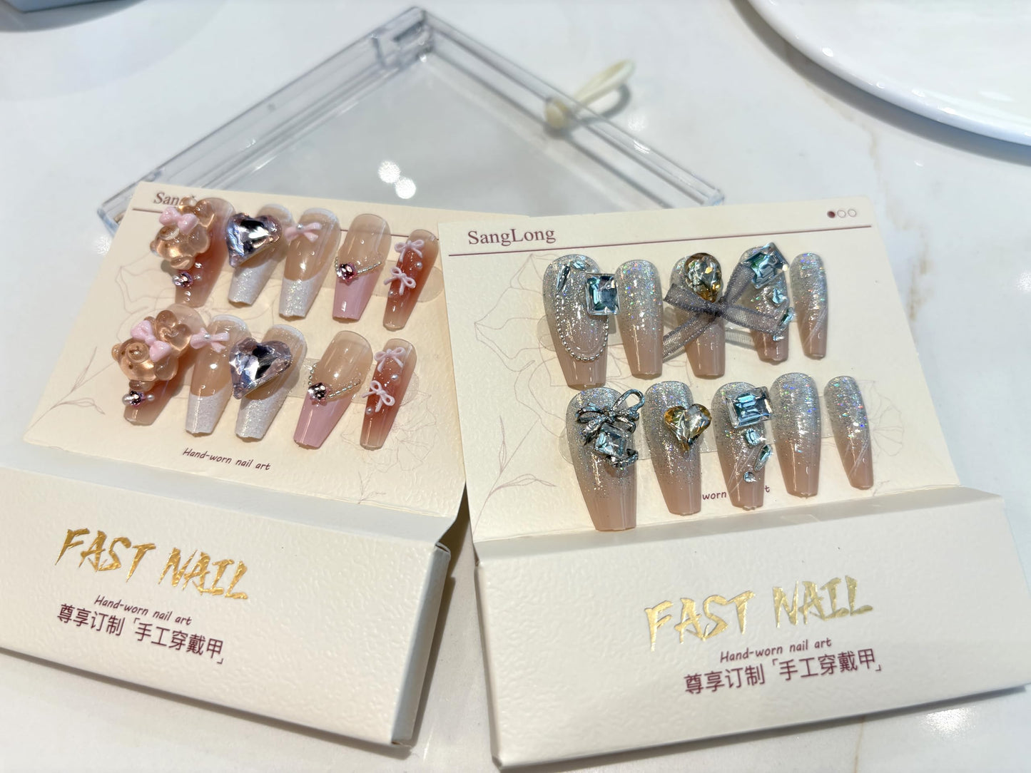 2 Packs 48Pcs Handmade Press on Nails Coffin, Summer Nails French Tips Nails 3D Nails "Set#1 Cute Pink Bear" "Set#2 Yellow Gem and Bow Tie"
