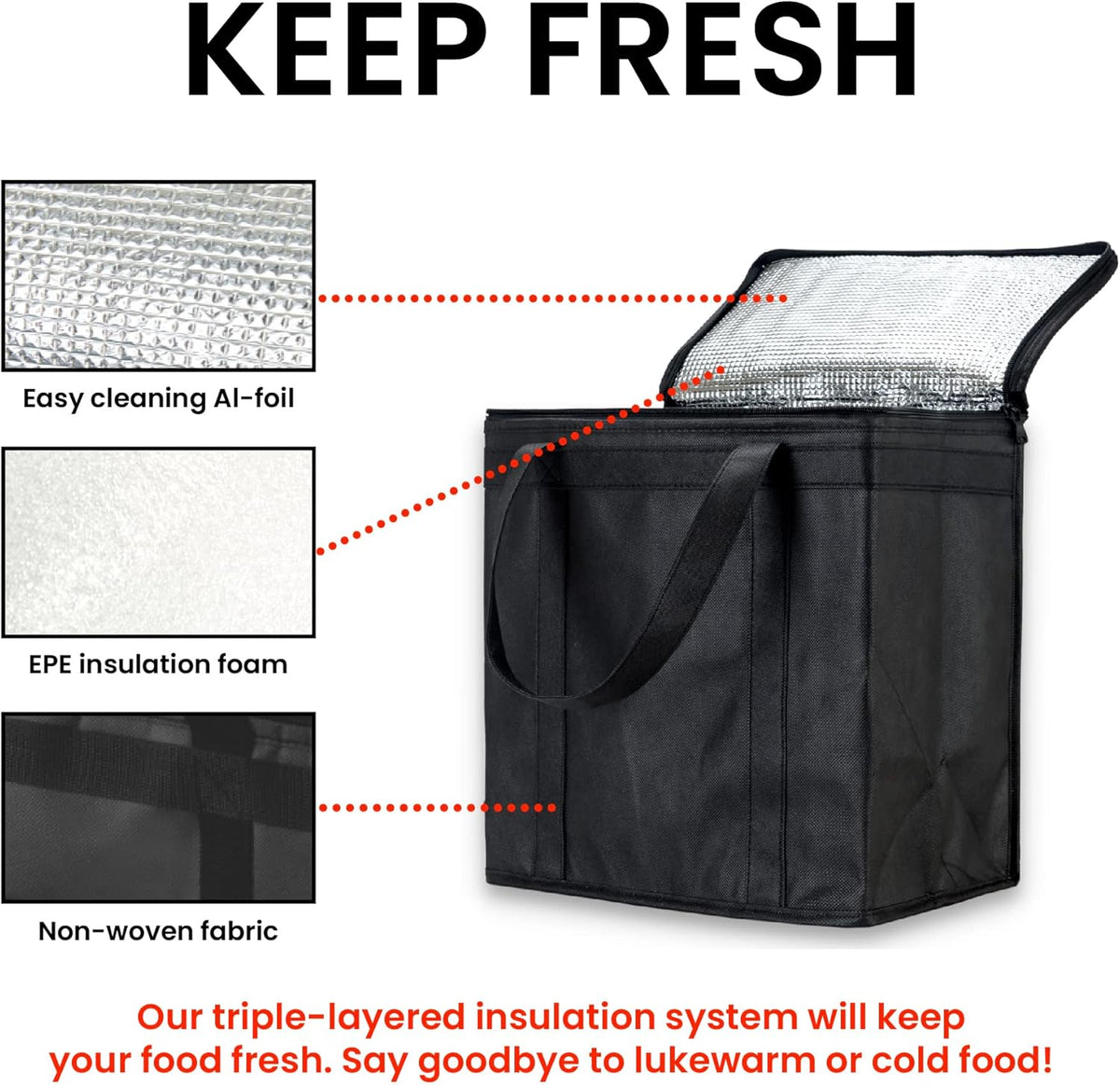 Medium Insulated Cooler Bag and Food Warmer for Delivery & Grocery Shopping with Zippered Top, Black (1 Pack)
