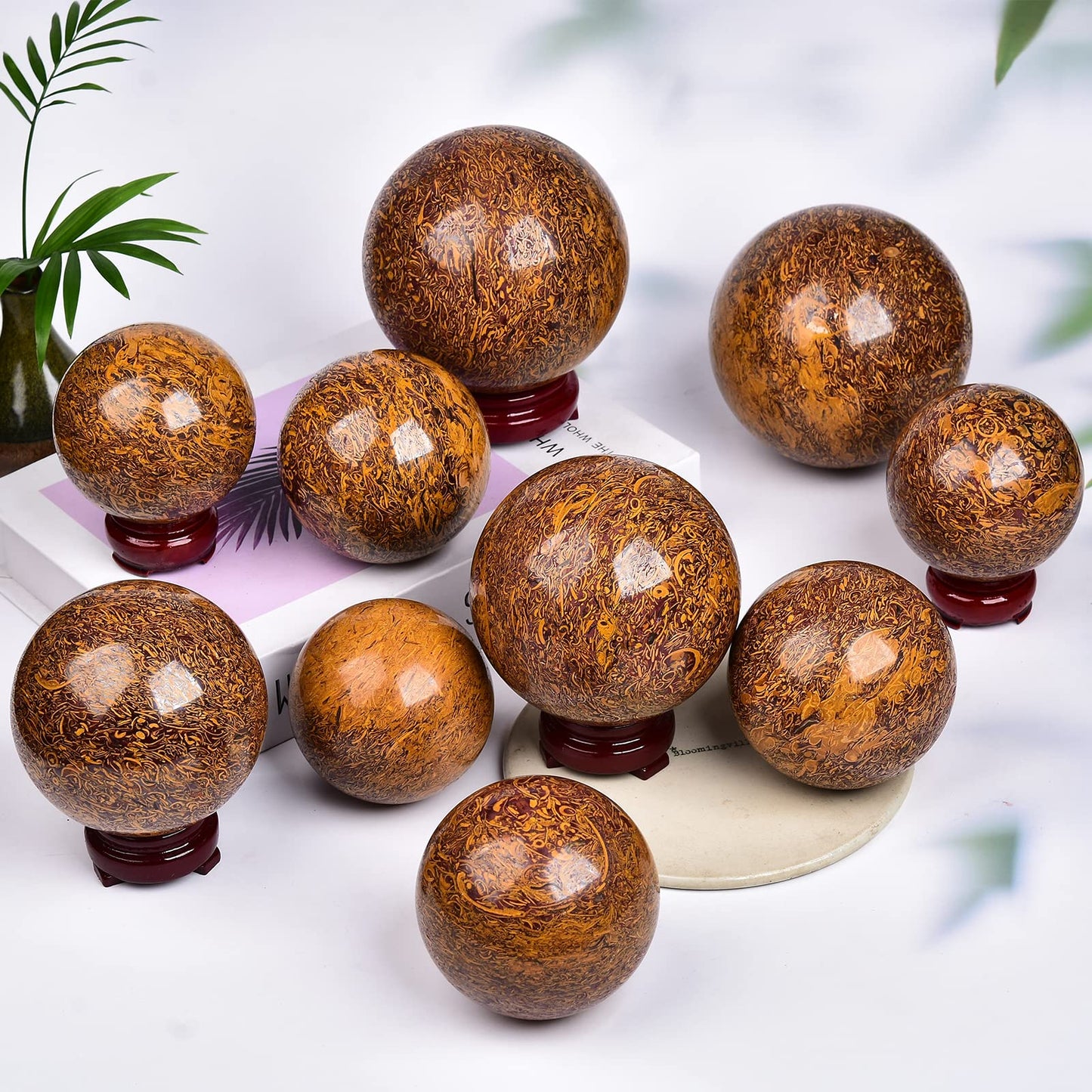 JIC Gem Reiki Healing Crystals Sphere Ball Natural Golden Silk Jade Gemstone with Decorative Stand Home Decoration (50-60mm)