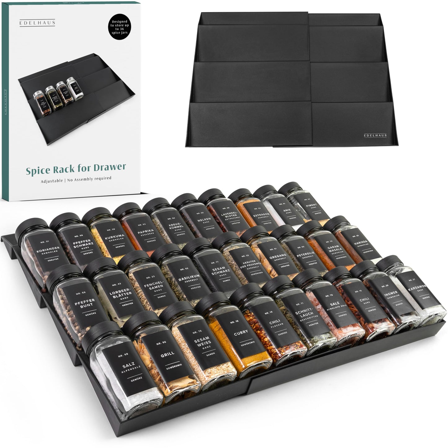 EDELHAUS Spice Drawer Organizer - Expandable Spice Rack for Drawer, Black Seasoning Organizer for Drawer Spice Organizer, Spice Organization Seasoning rack insert for Cabinet (Jars Not Included)