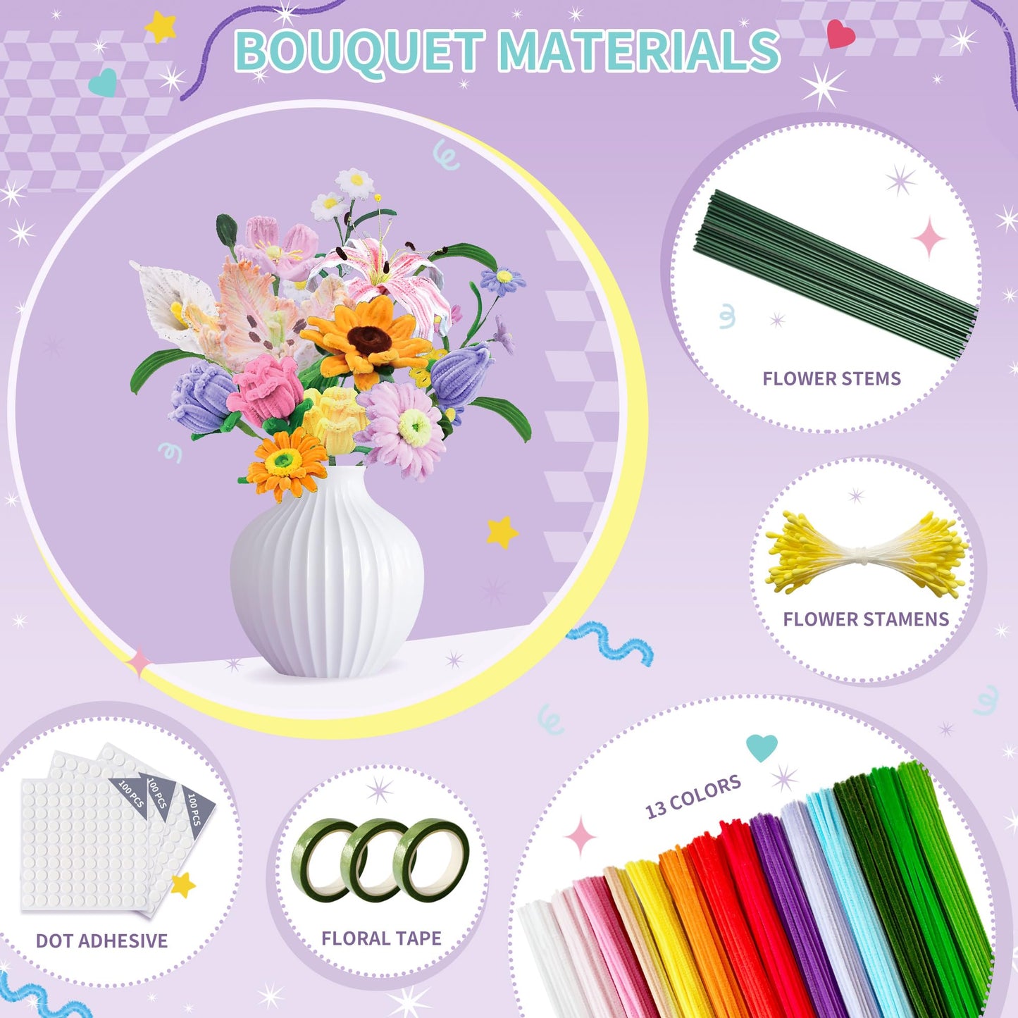 POMBUDS 572 PCS Pipe Cleaners Flower Kit, 13 Colors Chenille Stems with Floral Wires, Stamen, Tapes, Dot Glue, Instruction & White Box – DIY Craft Set for Handmade Bouquets