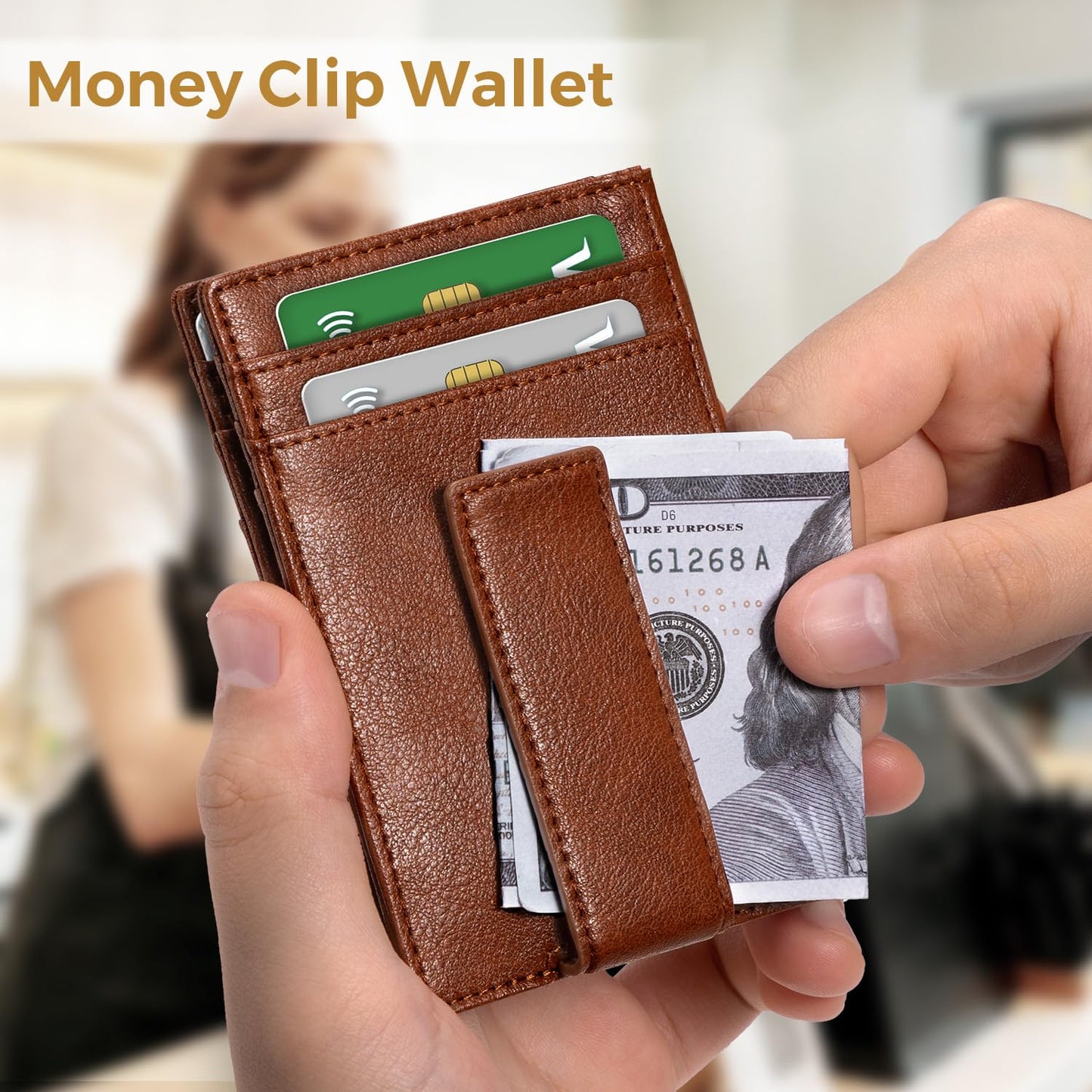 RUNBOX Magnetic Closure Slim Wallet for Men, Leather Front Pocket Wallet Holds 12 Cards, Rfid Blocking Card Wallet with Money Clip, Gifts for men