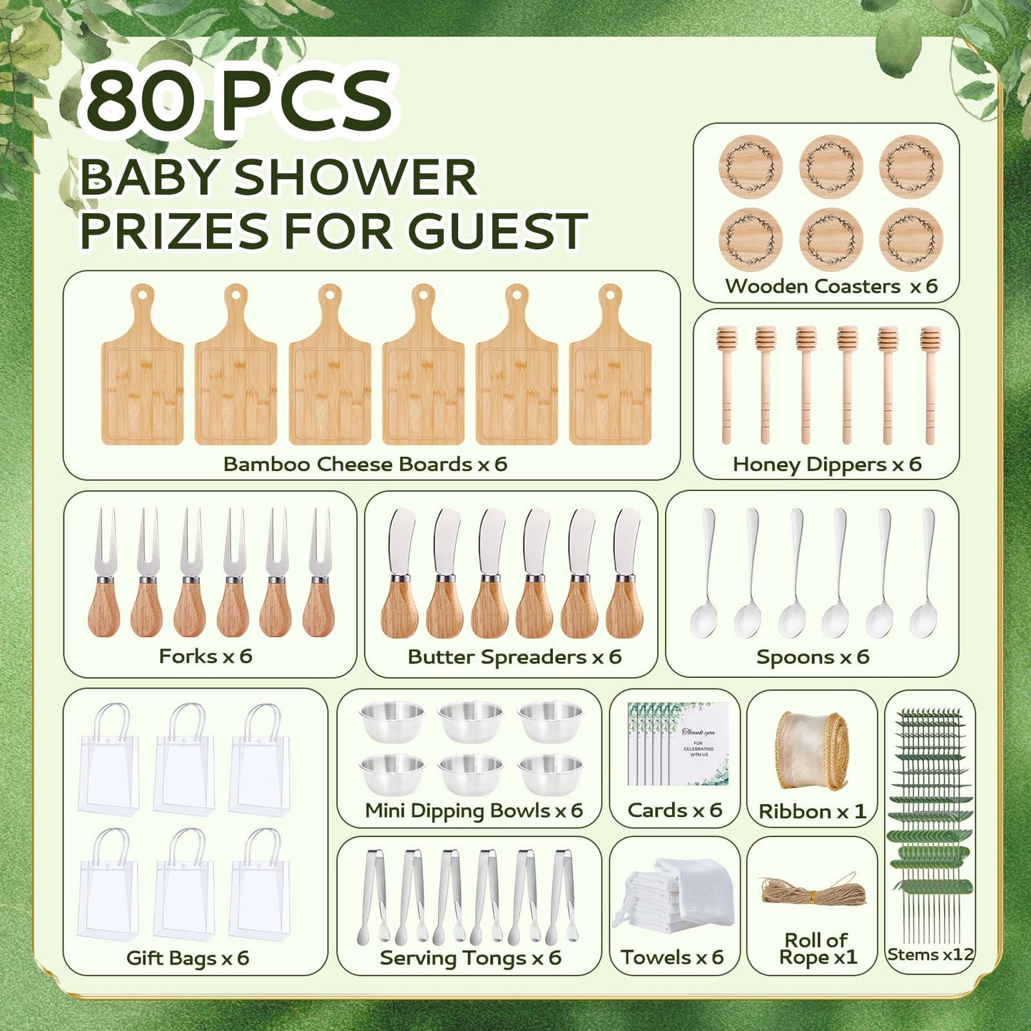 Baby Shower Prizes for Game Winners 6 Sets Cheese Board Honey Dipper Charcuterie Utensils Set Towel Thank You Card and Gift Bags for Baby Shower Wedding Bridal Shower Favors (6 Set-Bamboo, Silver)