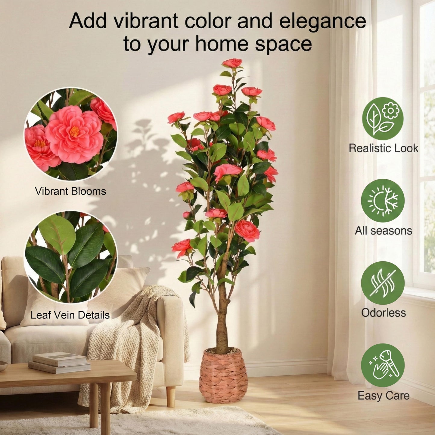 CZWBE 45" H Artificial Camellia Tree 2 Pack - Woven Planter with 28 Flowers,Faux Plant for Office Decor & Indoor Outdoor Home Wedding Decor（red）