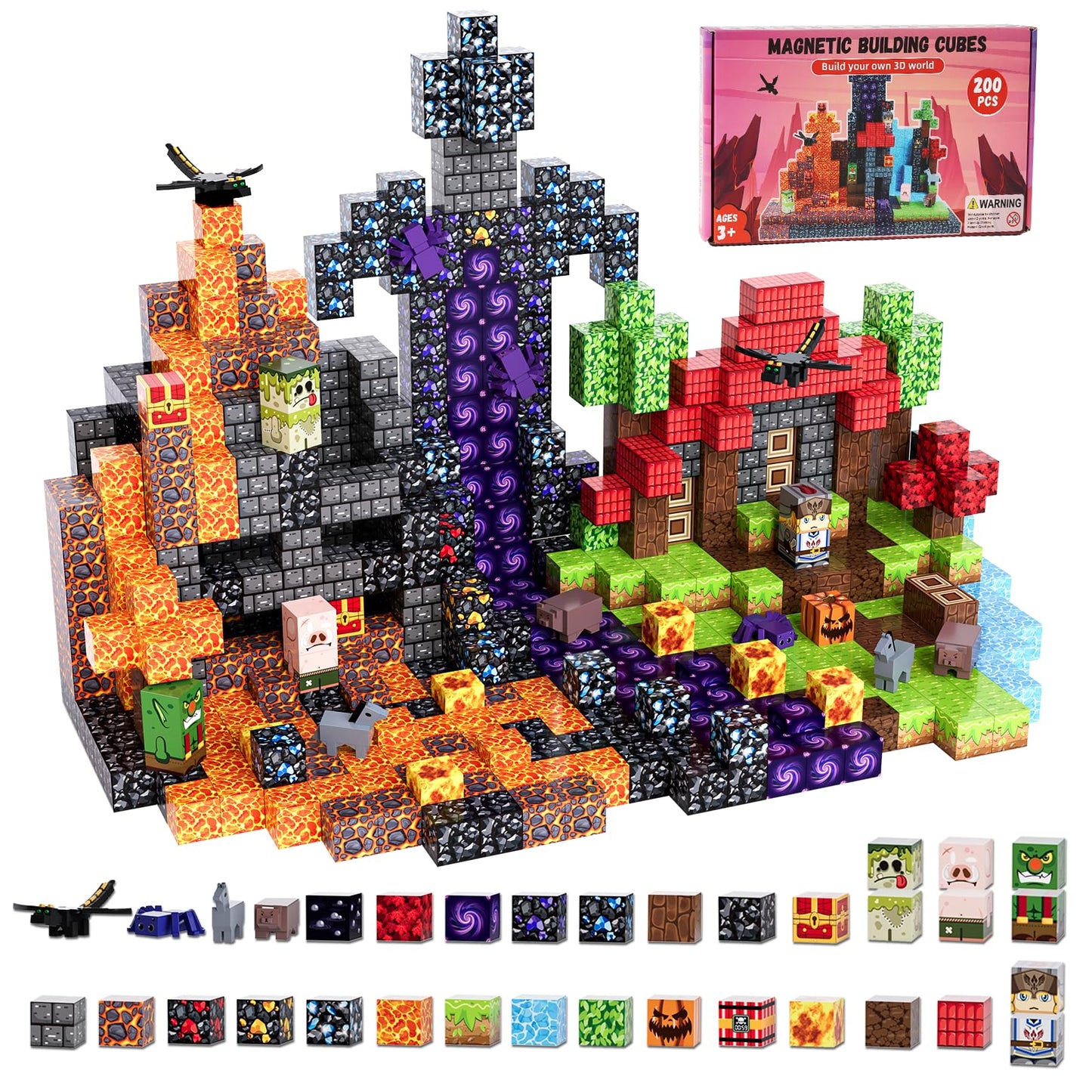 Fitrobust 200 Pack Magnetic Blocks for Kids, STEM Construction Toys with Forest Theme | Creative Educational Games for Ages 3, 4, 5, 6, 7, 8, 9, 10 | Ideal Birthday for Boys & Girls