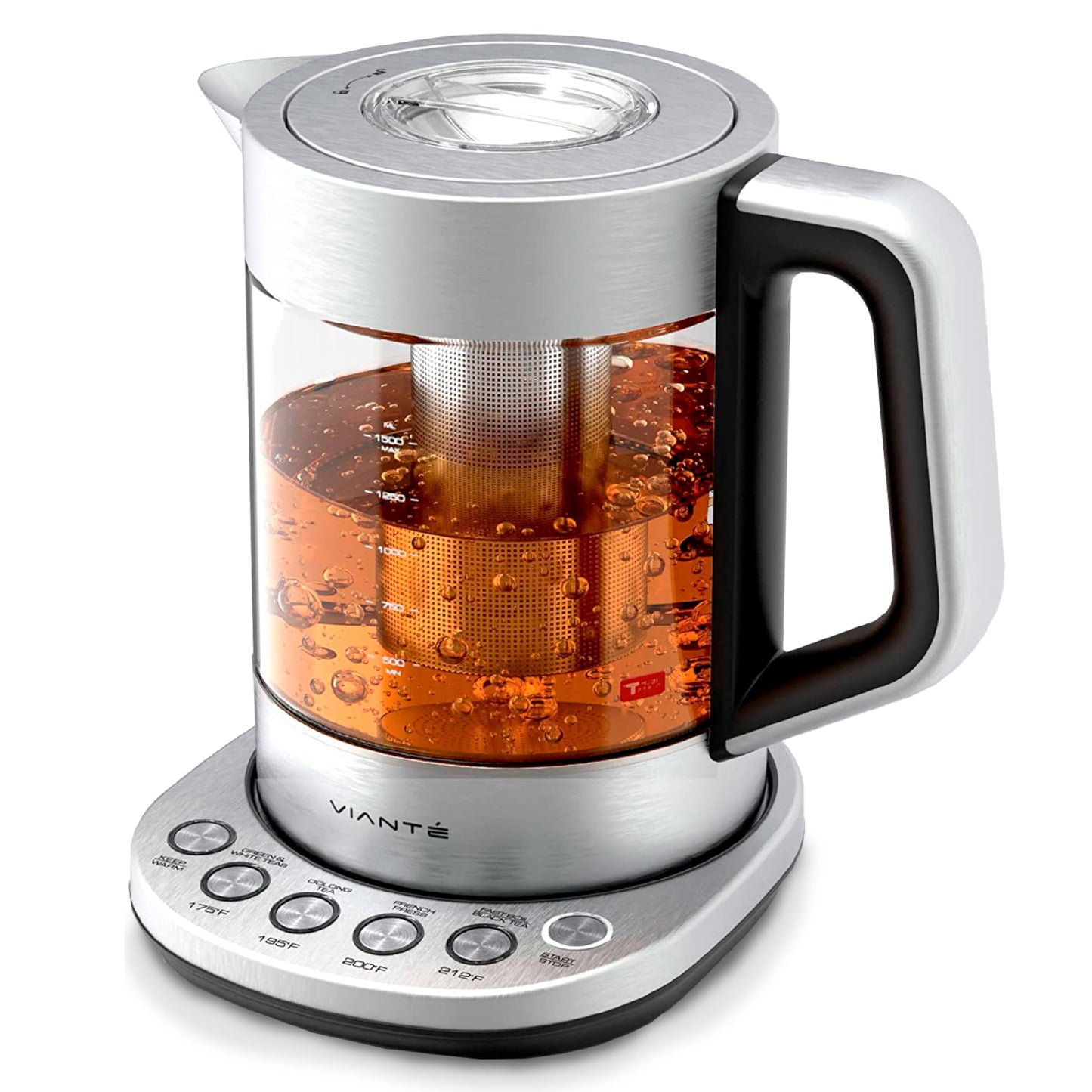 Vianté Electric Tea Kettle With Infuser for Loose Leaf, No Plastic In Contact With Water, Hot Tea Maker with Temperature Control, Automatic Shut Off, 1.5L Borosilicate Glass