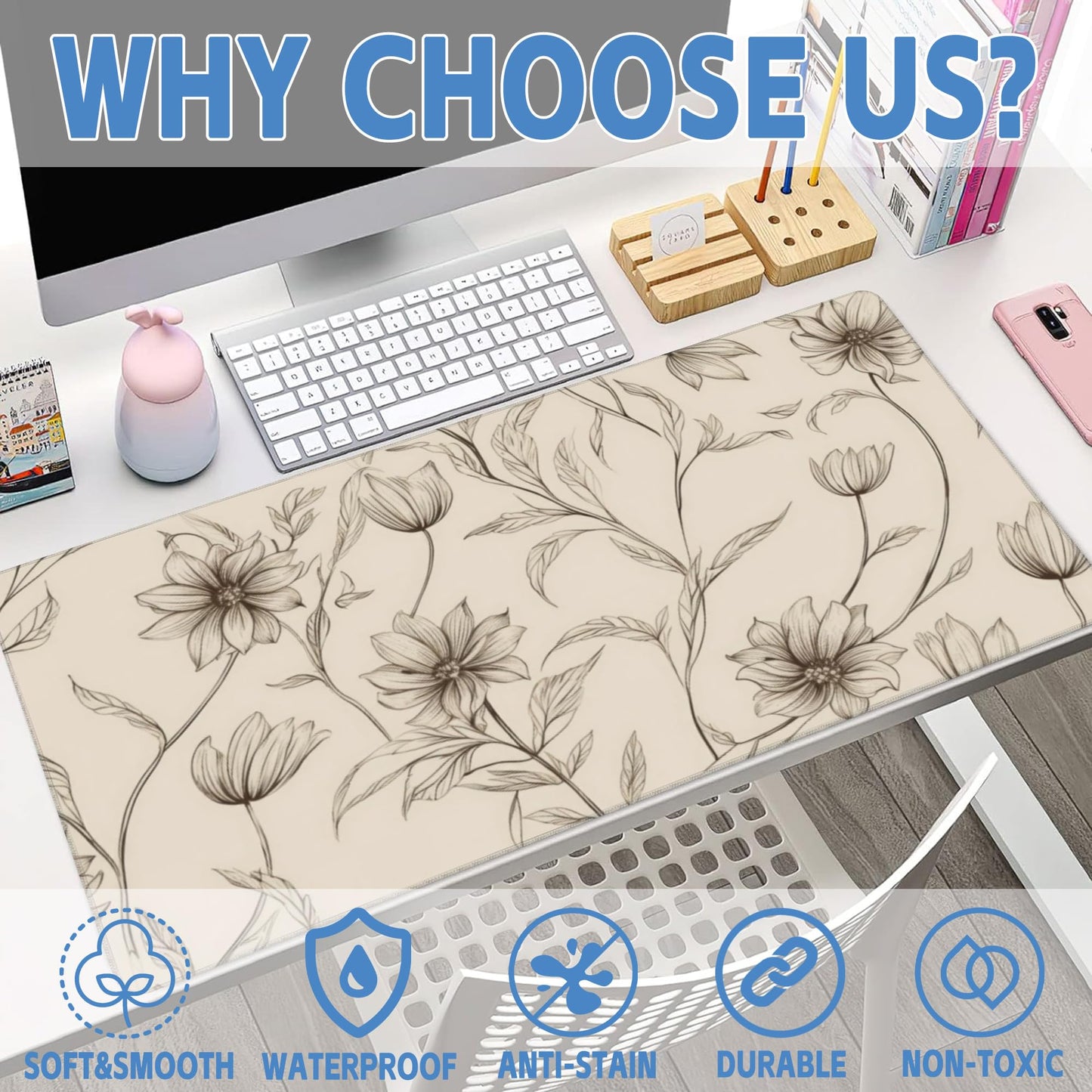 XXL Mouse Pad,Minimalist Flowers Large Gaming Mouse Pad,Abstract line Floral Desk Mat for Desktop,Extended Big Computer Keyboard Desk Pad with Non-Slip Base and Stitched Edges 35.4"x15.7"