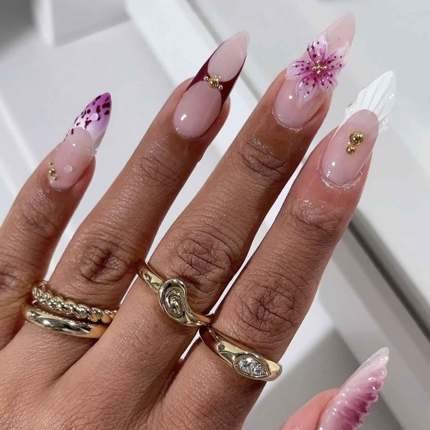 SEENEEY Almond Press on Nails Long Fake Nails French Artificial Nail Purple Floral Designs Stick on Nail for Women 24pcs