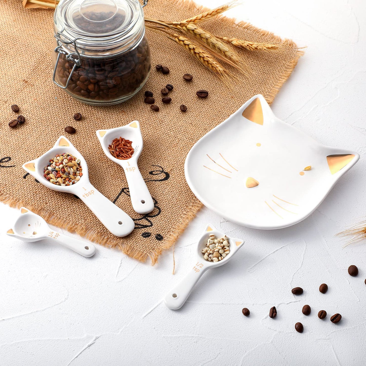 Patelai 5 Pcs Cat Measuring Spoons Set Kitchen Ceramic Counter Cat Ceramic Soup Spoon for Christmas Women Gift(White)