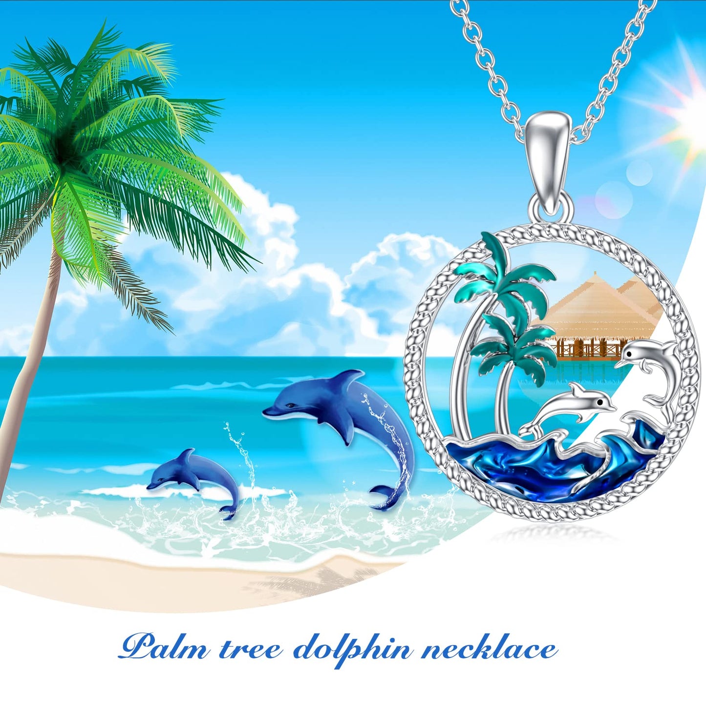 PROESS Dolphin Necklace Sterling Silver Palm Tree Pendant Necklace Ocean Wave Jewelry Gift For Women