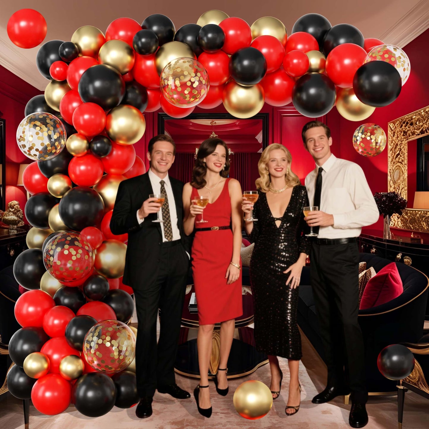 Red Birthday Party Decorations for Women,Balloon Aich kit,Black Gold Confetti Balloons,Happy Birthday Backdrop