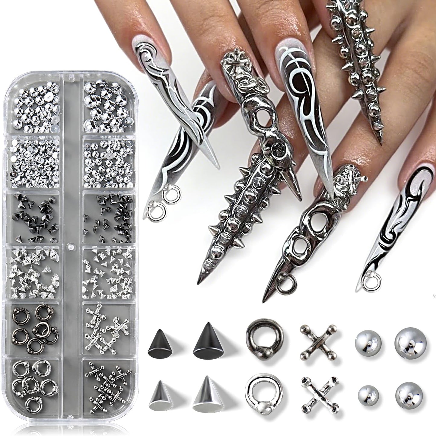Furtherpretty Goth Nail Charms, 3D Triangle & Spike Gothic Punk Nail Charms, Black Rivet Studs Beads, Silver Alloy Piercing Grunge Y2K Nail Art Decorations, Manicure Accessories for DIY Salon Nails
