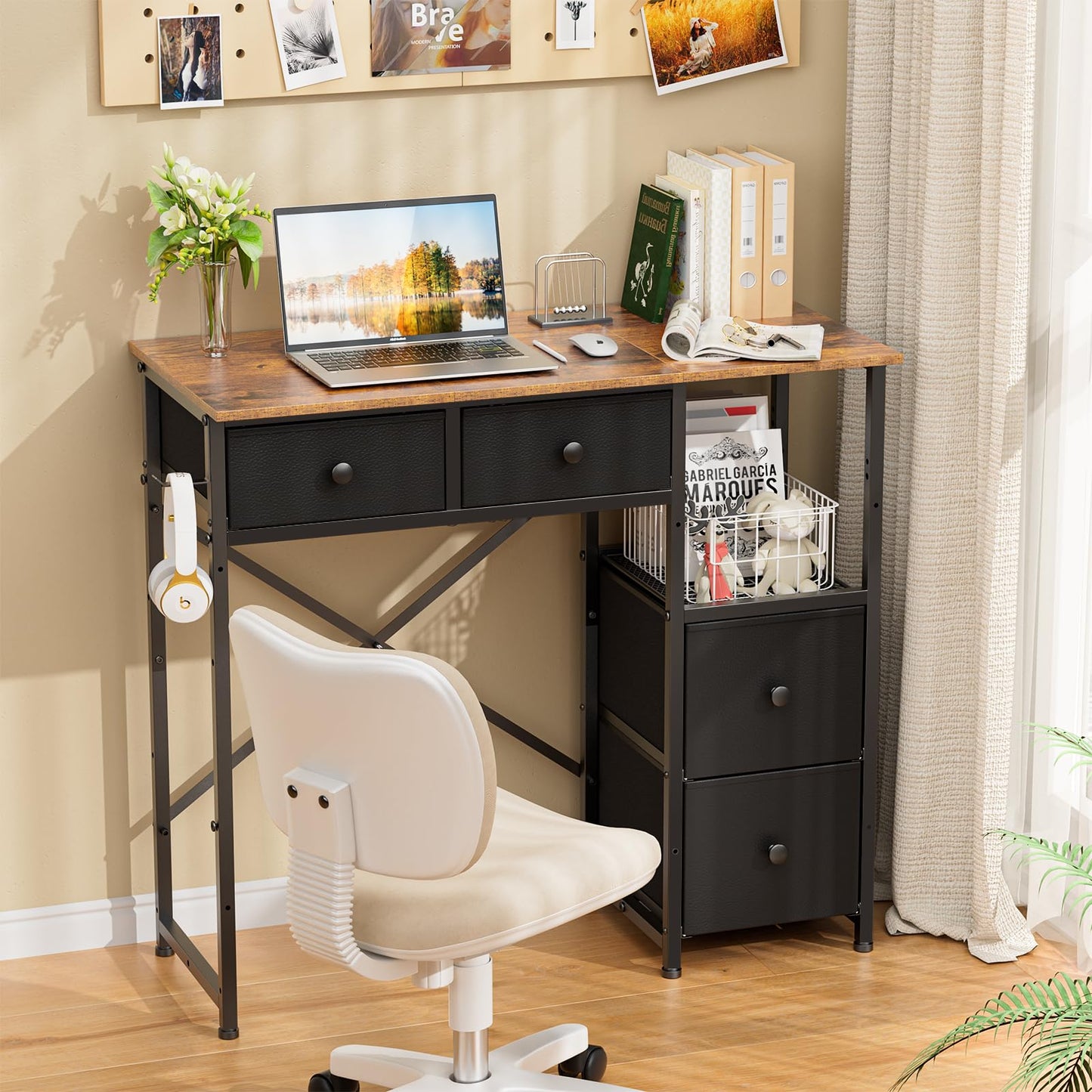 3IngSeagulls Small Computer Desk with 4 Fabric Drawers, Simple Writing Desk for Home Office, Compact Study Desks for Small Spaces, Kids Desk Study for Bedroom, Rustic Brown