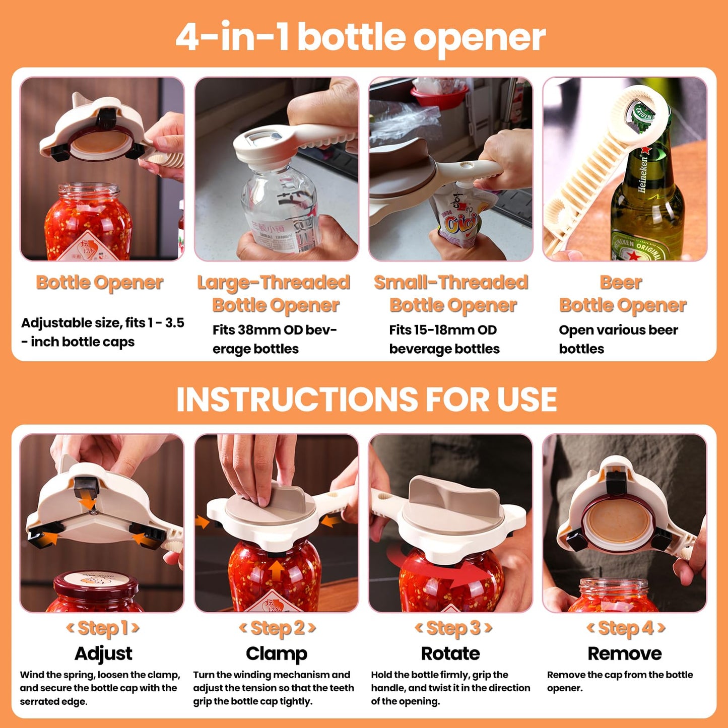 XINARIO 4-in-1 Jar Opener for Seniors, Weak Hands & Arthritis, Adjustable Gripper for 1"-3.5" Lids, Opens Jars, Bottles & Beer Caps, with 3 Non-Slip Mats & 2 Hooks for Wet Hands, Easy Kitchen Gadget