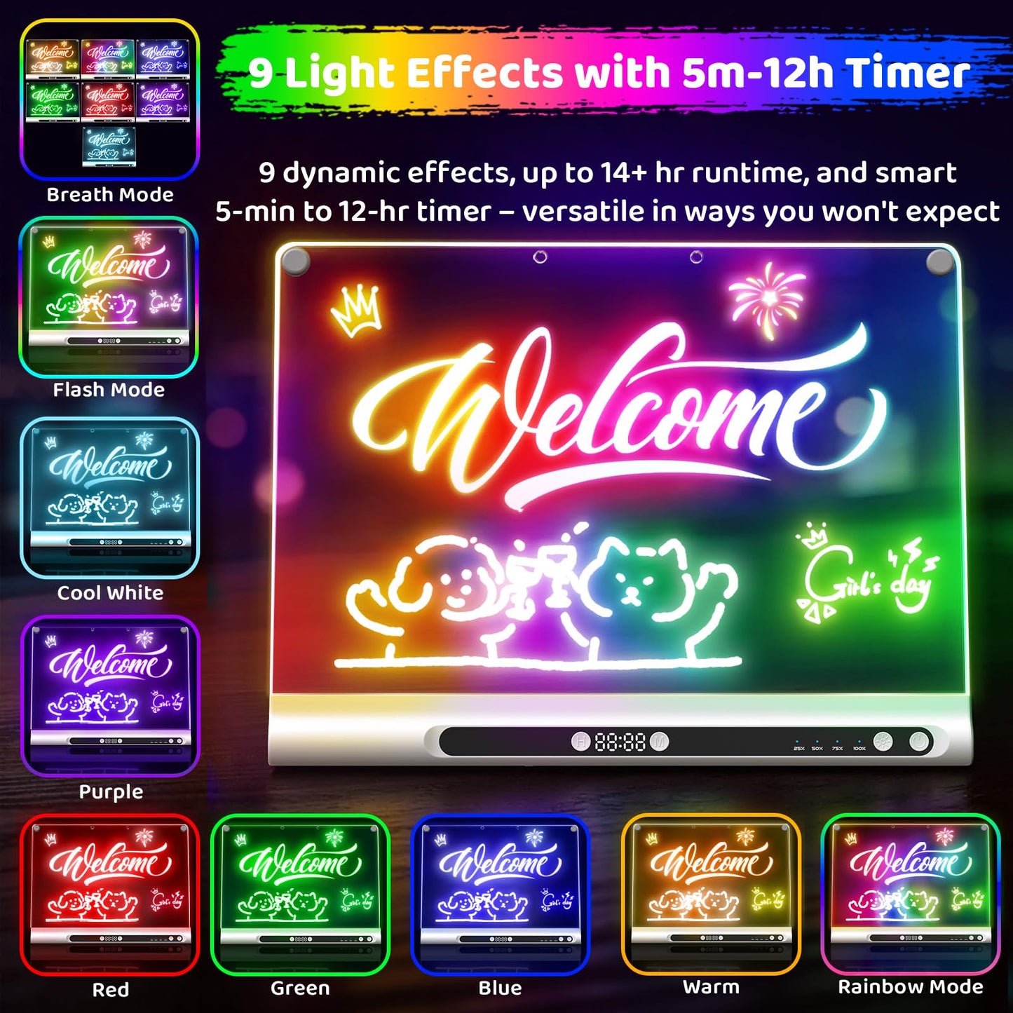 16“ Rechargeable LED Drawing Board, 9-Color Light Modes with Timer & Built-in Stand, Neon Art Dry Erase Glow Up Doodle Note Pad, Sketching Gift Toy for Kids/Girls/Teens, 6 Markers & Tracing Book