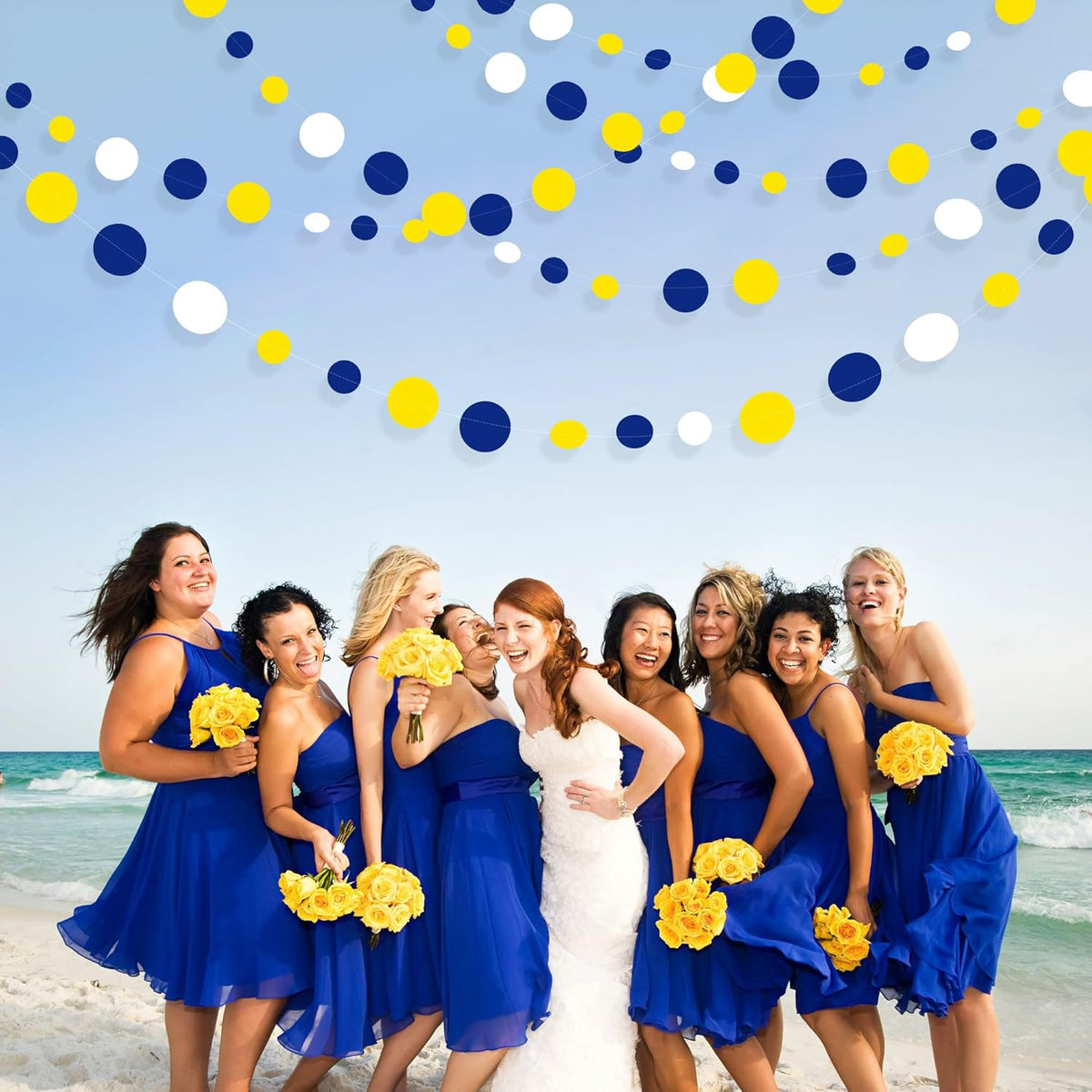 46Ft Navy Blue and Yellow Circle Dots Garland Royal Blue Yellow White Hanging Paper Polka Dot Streamer for Graduation Birthday Wedding Bridal Baby Shower Nautical Ahoy Achor Party Decorations Supplies