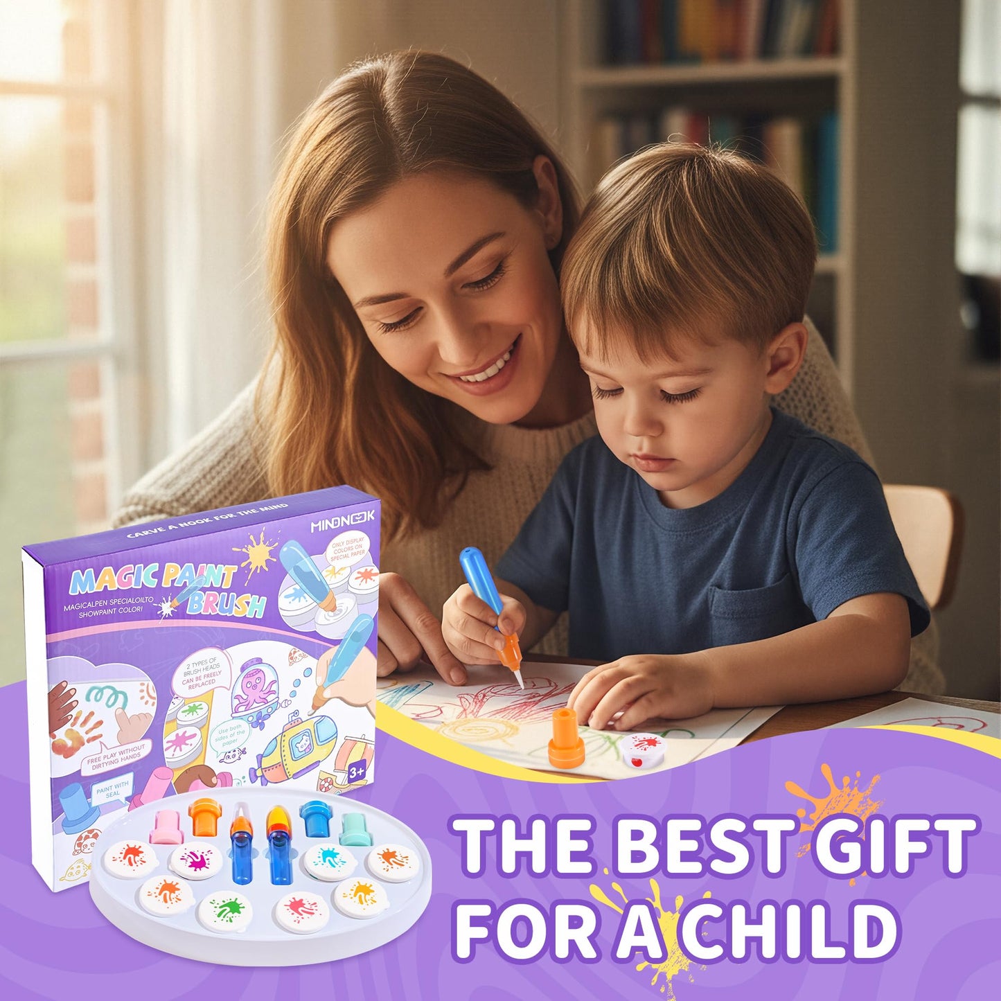 MINDNOOK Magic Brush Painting Set for Kids, Mess Free Art Station with Color-Changing Brush for Creative Learning at Home & School, Gift for Toddlers Ages 3,4,5,6,7,8,9
