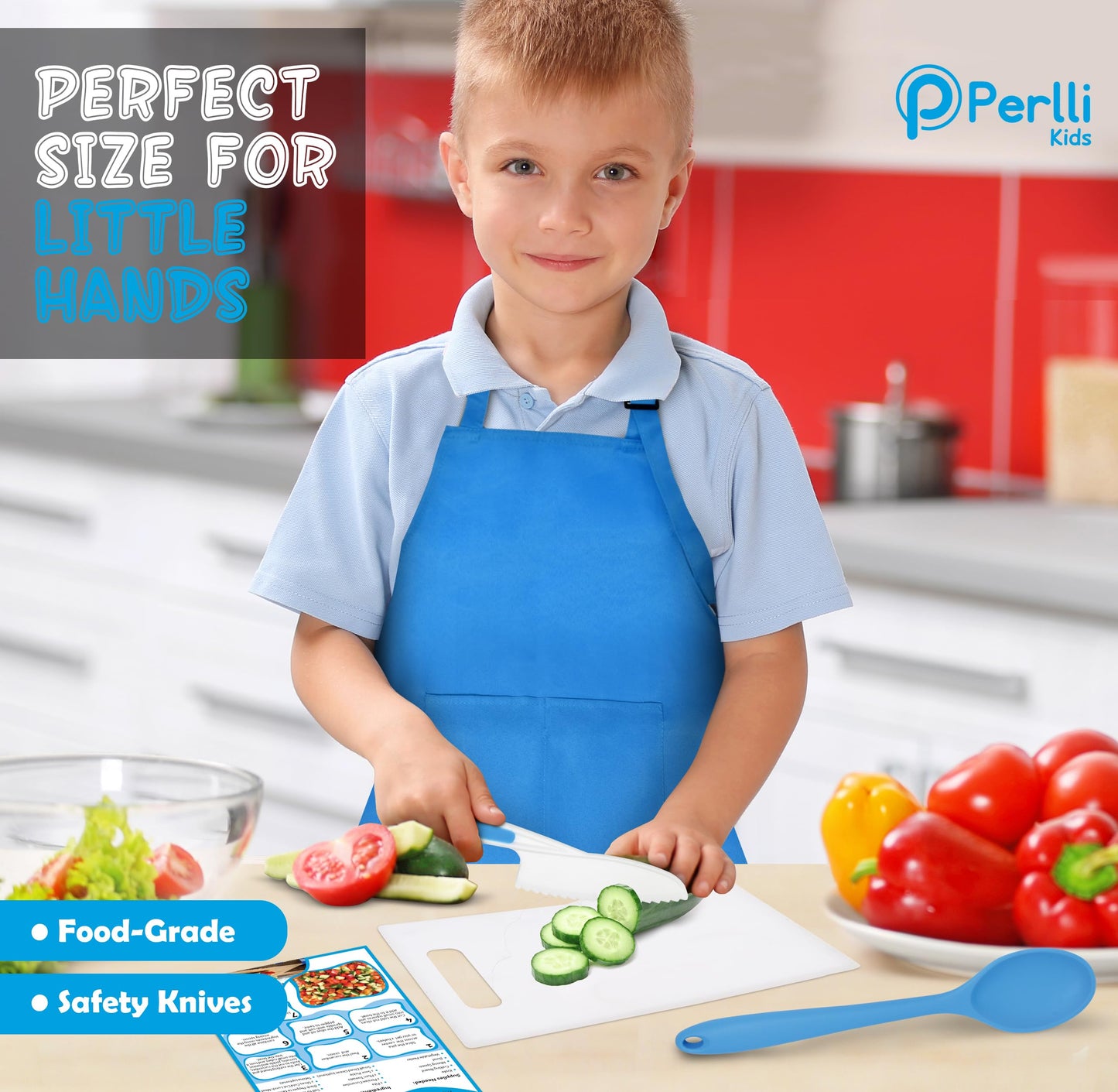 PERLLI Kids Real Cooking Set for Cooking and Baking – 31 Pc. Gift for Junior Chef with Real Utensils, Case & Safe Kids Knife Set for Boys & Girls – Fine Motor Skills & Fun for Children Ages 6+, Blue