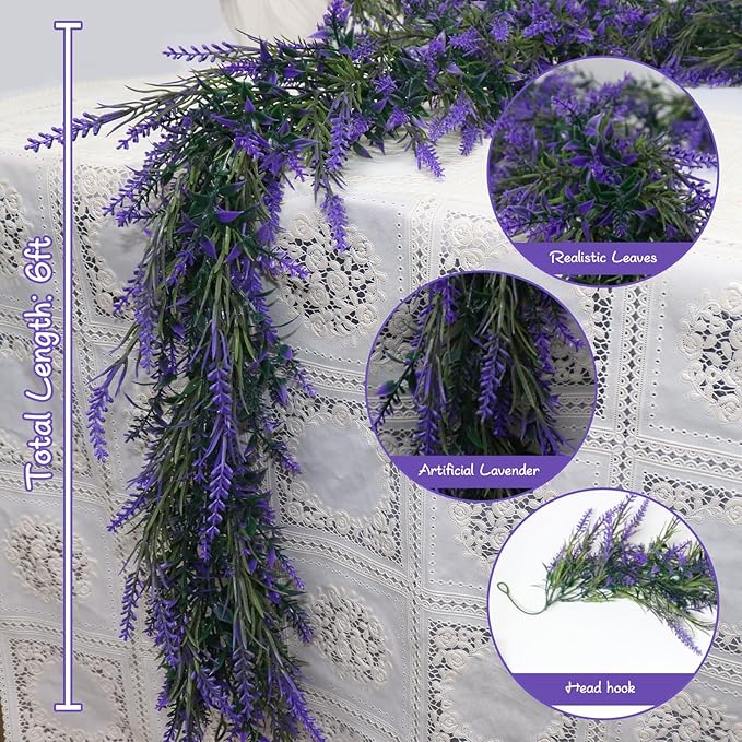 MAKHOT 6Ft Purple Lavender Artificial Garland Decor, Spring Summer All Year Lavender Deep Purple Garland, Green Wreath Vines Decorations for Table Home Wedding Mantle Arch Porch Party